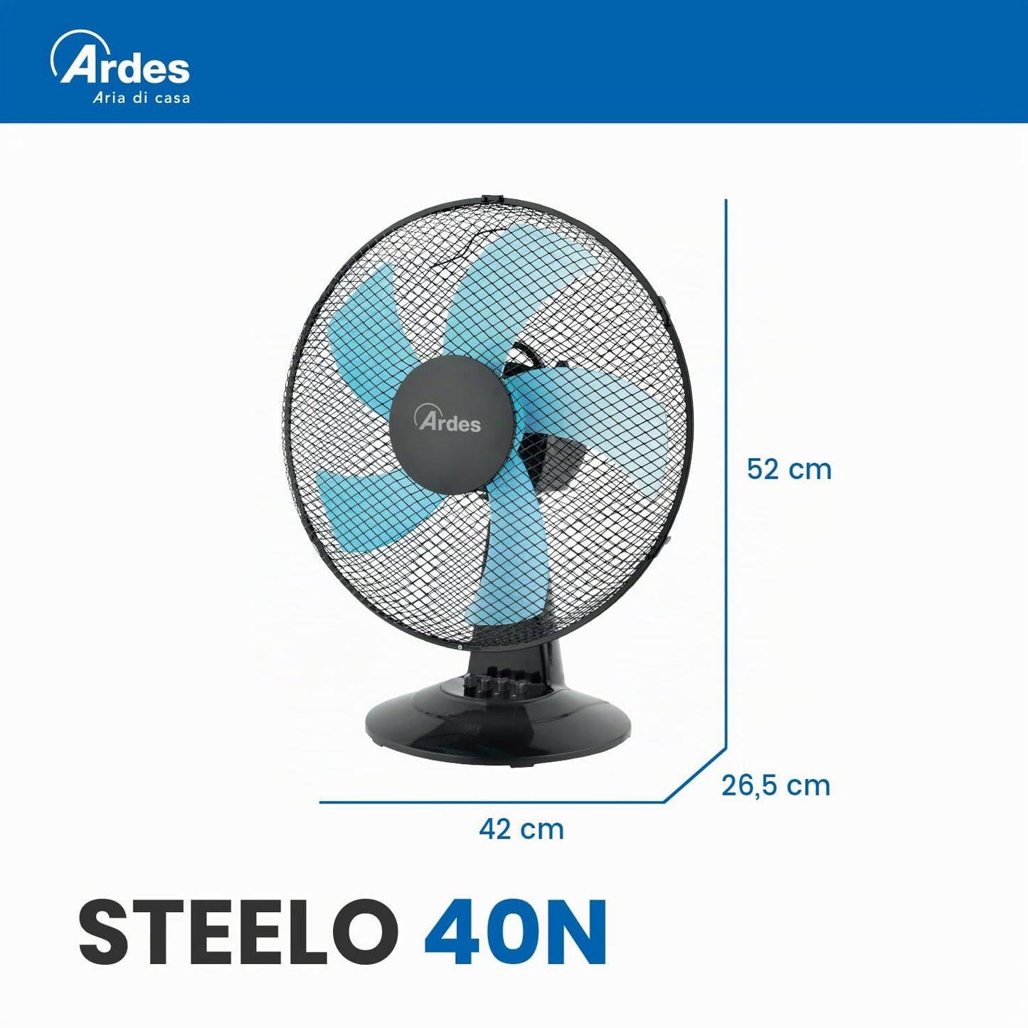 Ardes - AR5ST40N table fan STEELO 40N 5 blades - table fan 40 cm oscillating with adjustable tilt - fan 3 speeds quiet, black