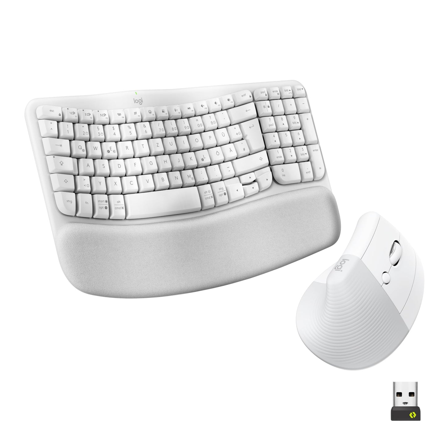 Logitech Wave Keys and Lift Vertical Mouse - Ergonomic Bundle - Wireless Keyboard with Padded Wrist Rest and Vertical Wireless Mouse - Bluetooth, Multi-OS, Windows/Mac - White - 910-006473