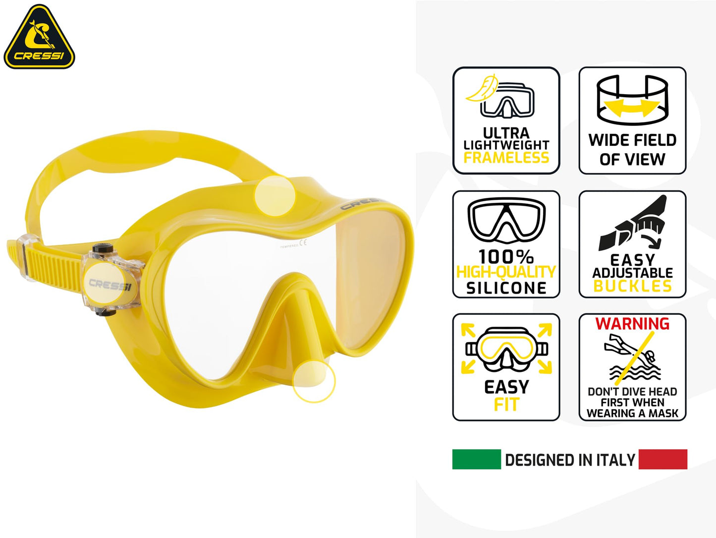 Cressi Frameless Diving Mask F1 - Fog-free Glass Lens, Diving Goggles - Ergonomic Silicone Rim, Snorkel Mask - Dry Snorkel & Snorkel Set - Silver, Black. - Mask - ZDN281051