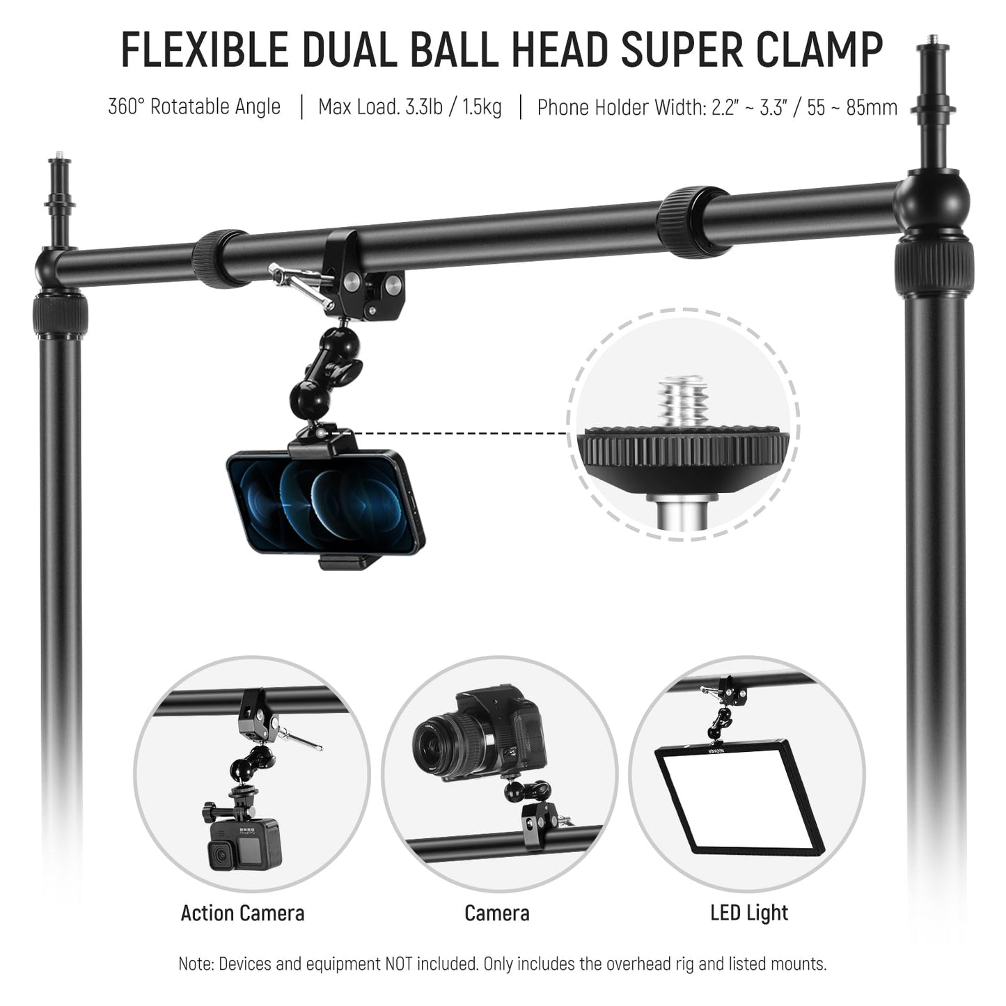 NEEWER Overhead Camera Mount Rig with 2 Ball Head Super Clamp/Mobile Phone Holder/Camera Table Mount, Multi Device Holder Platform Overhead Tripod, Adjustable Height Width, Max Load 12kg, NK002