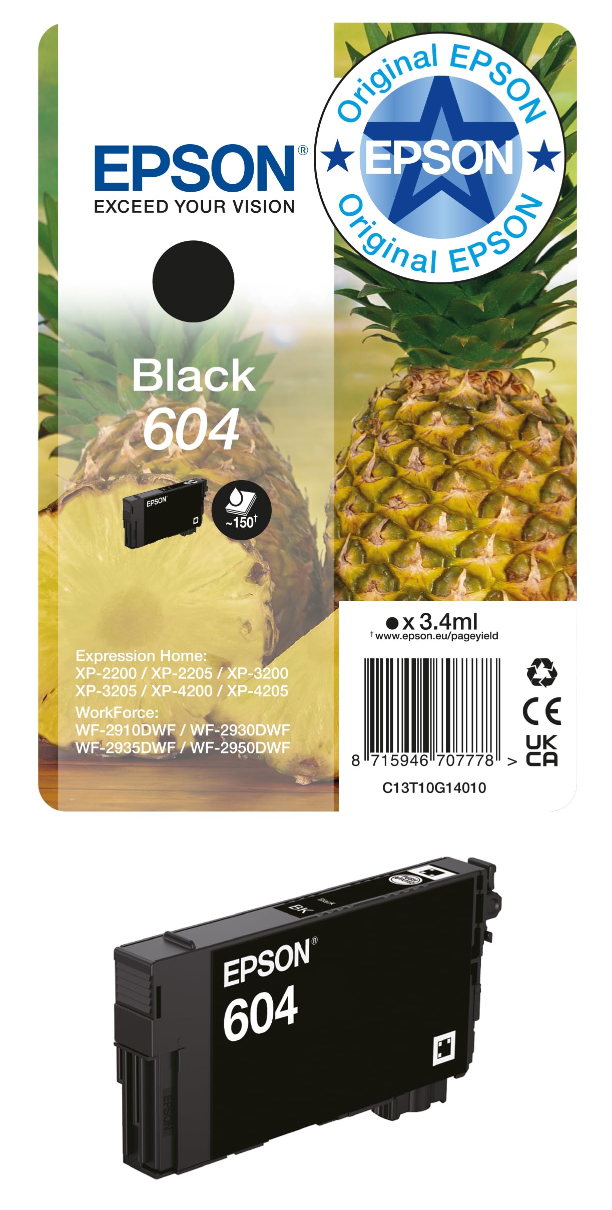 Epson original 604 ink pineapple single pack black standard, XP-2200 XP-2205 XP-3200 XP-4205 WF2910DWF WF2930DWF WF2950DWF, ReadyPrint Flex ink tariffs - C13T10G14010