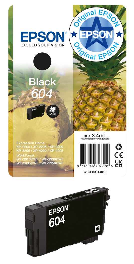Epson original 604 ink pineapple single pack black standard, XP-2200 XP-2205 XP-3200 XP-4205 WF2910DWF WF2930DWF WF2950DWF, ReadyPrint Flex ink tariffs - C13T10G14010
