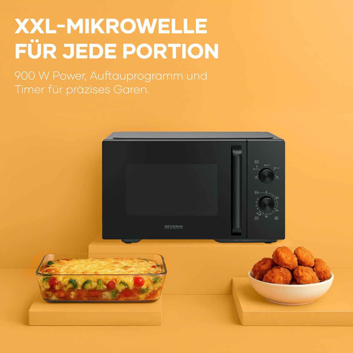Severin Solo Microwave, for defrosting and heating, XXL interior, 28 L, microwave device with removable glass turntable, 5 power levels, 35-minute timer, 900 W, black, MW 7796