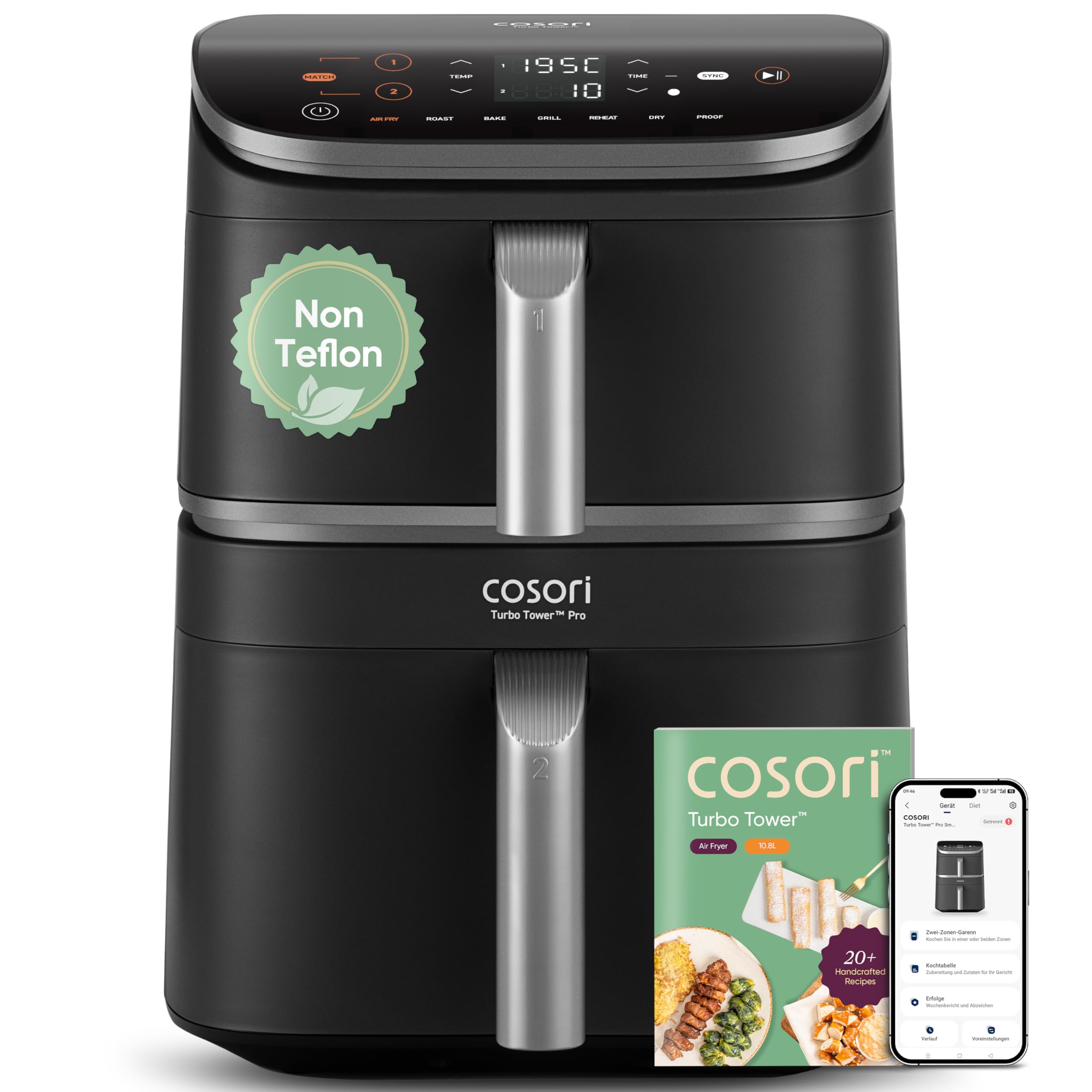 COSORI Turbo Tower Pro Smart Airfryer, friteuză cu aer cald cu înveliș ceramic de 10,8 l, tehnologie DualBlaze și control WiFi, gri argintiu, gri argintiu - CAF-DC113S-ADE