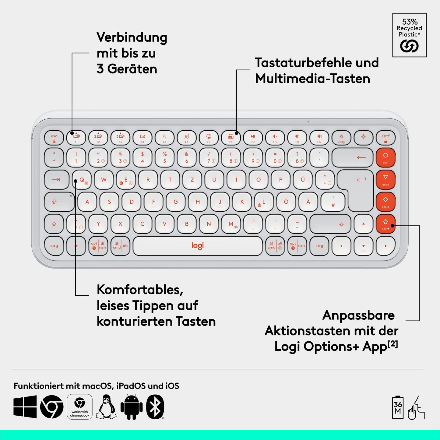 Logitech POP ICON Keys wireless Bluetooth keyboard, comfortable typing, programmable keys, easy switch between up to 3 devices, for notebook, tablet, PC, German QWERTZ layout - white - 920-013060