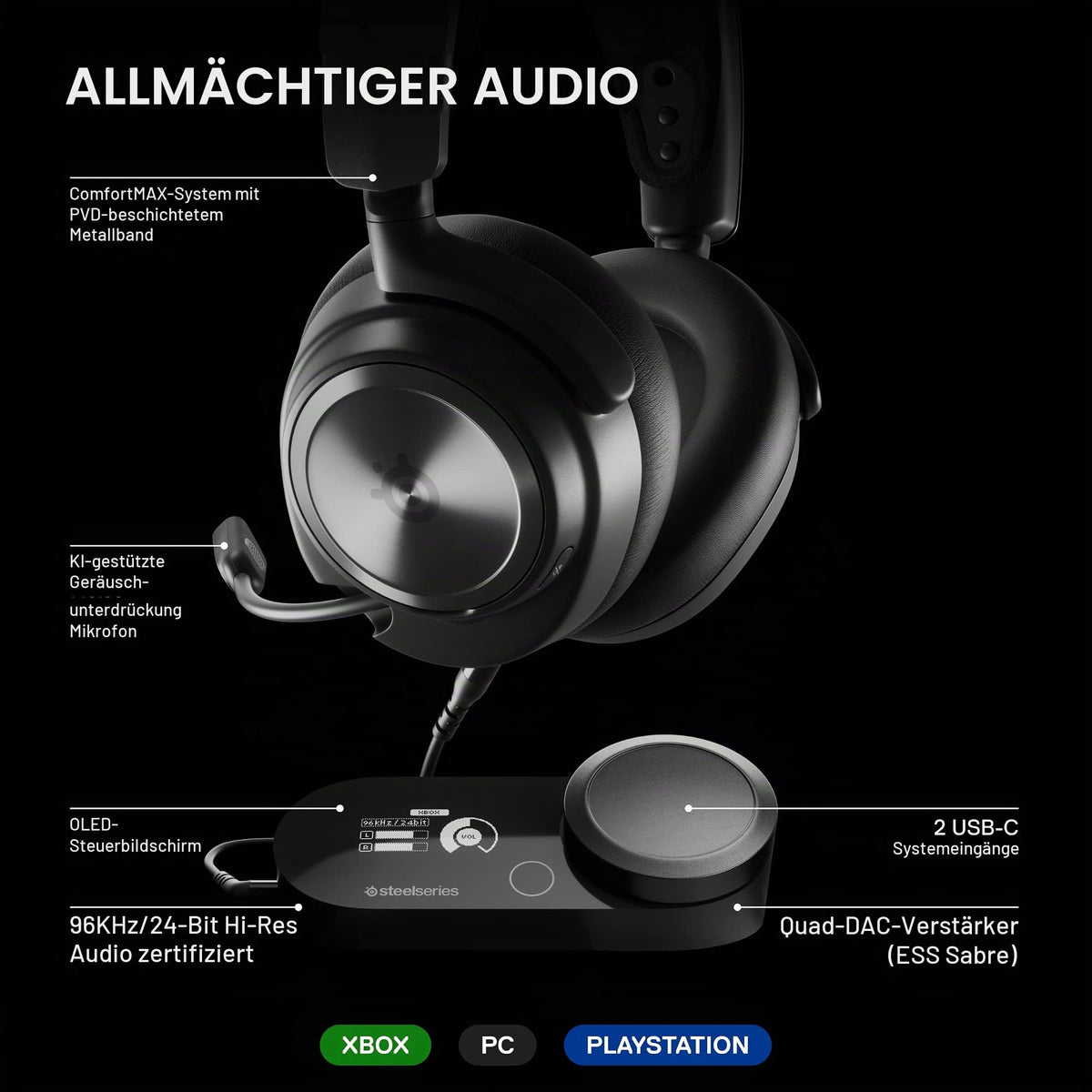 SteelSeries Arctis Nova Pro - Multi-System Gaming Headset (PC, PS5, Switch 2 & more) - Hi-Res Audio - GameDAC Gen 2 with ESS Sabre QuadDAC - 360° Surround Sound - ClearCast Gen 2 Microphone - 61527