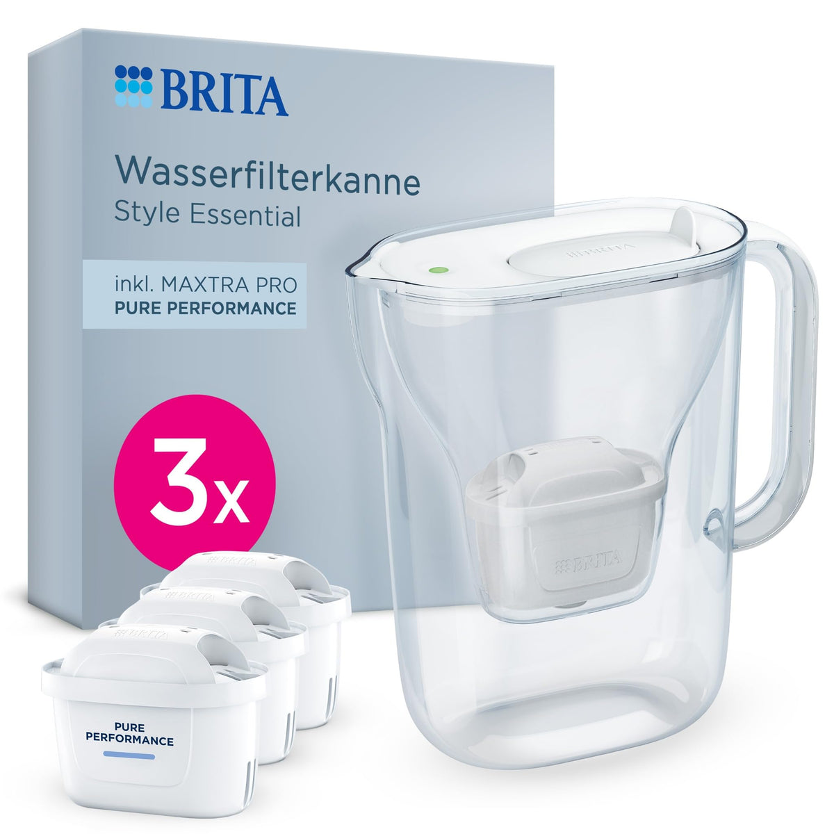 BRITA Water Filter Jug MAXTRA Style Essential, 3x Pure Performance Filter - 1058147
