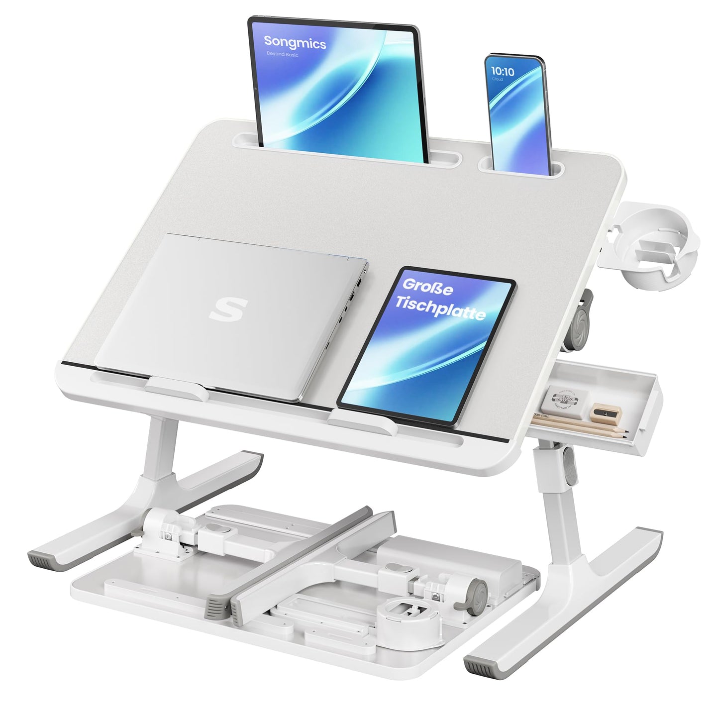 SONGMICS laptop table, bed table, laptop stand, 56 x 40 cm table top, 120° freely adjustable, height adjustable, with cup holder, drawer, portable, gray LLD113GZ01