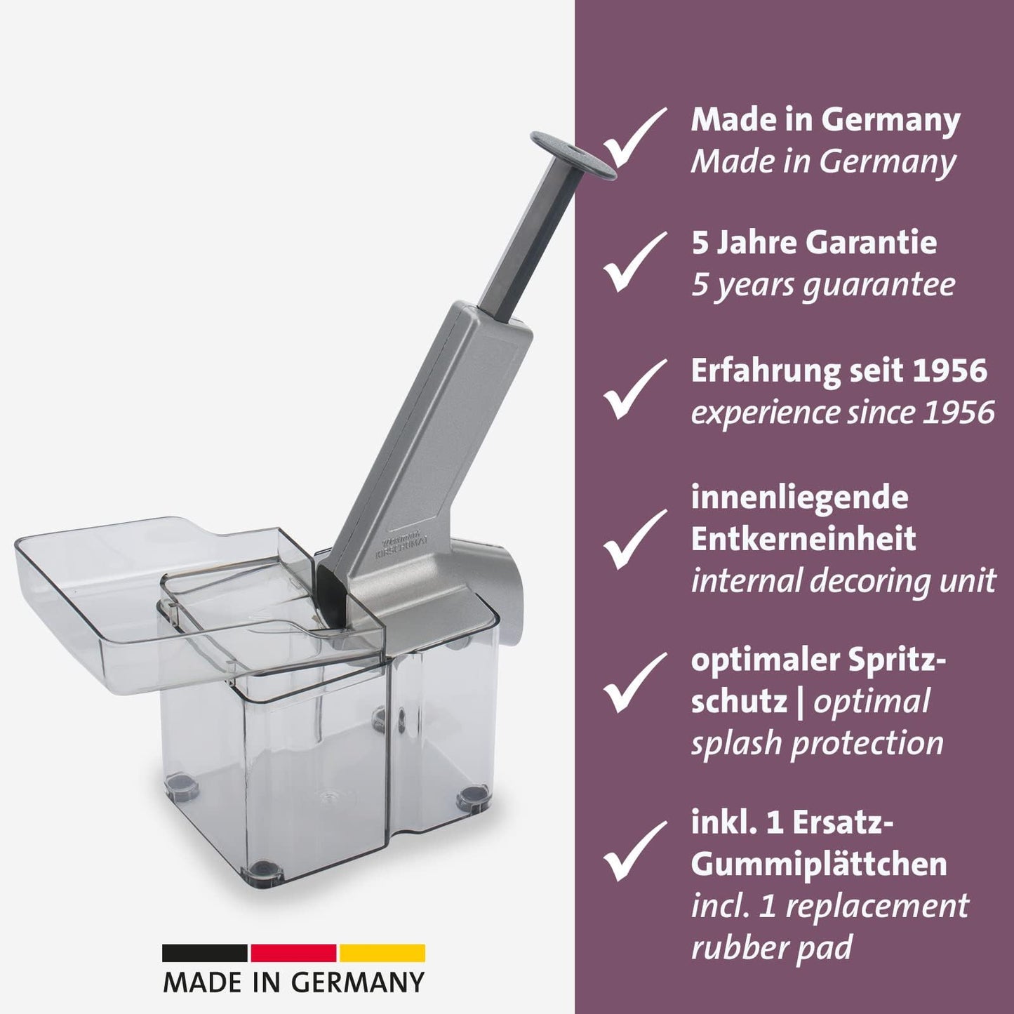 Westmark cherry stoner/stoner with inclined chute and large core cassette, plastic/stainless steel/aluminium, Kirschomat, silver/black/transparent, 40702260