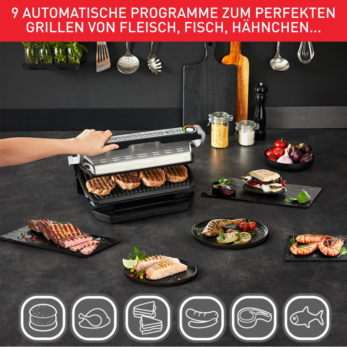 Tefal OptiGrill+ XL | Grill contact cu ajustare automată a temperaturii | 9 programe automate | Suprafață de grill XL | Inclusiv tavă de coacere | GC724D12