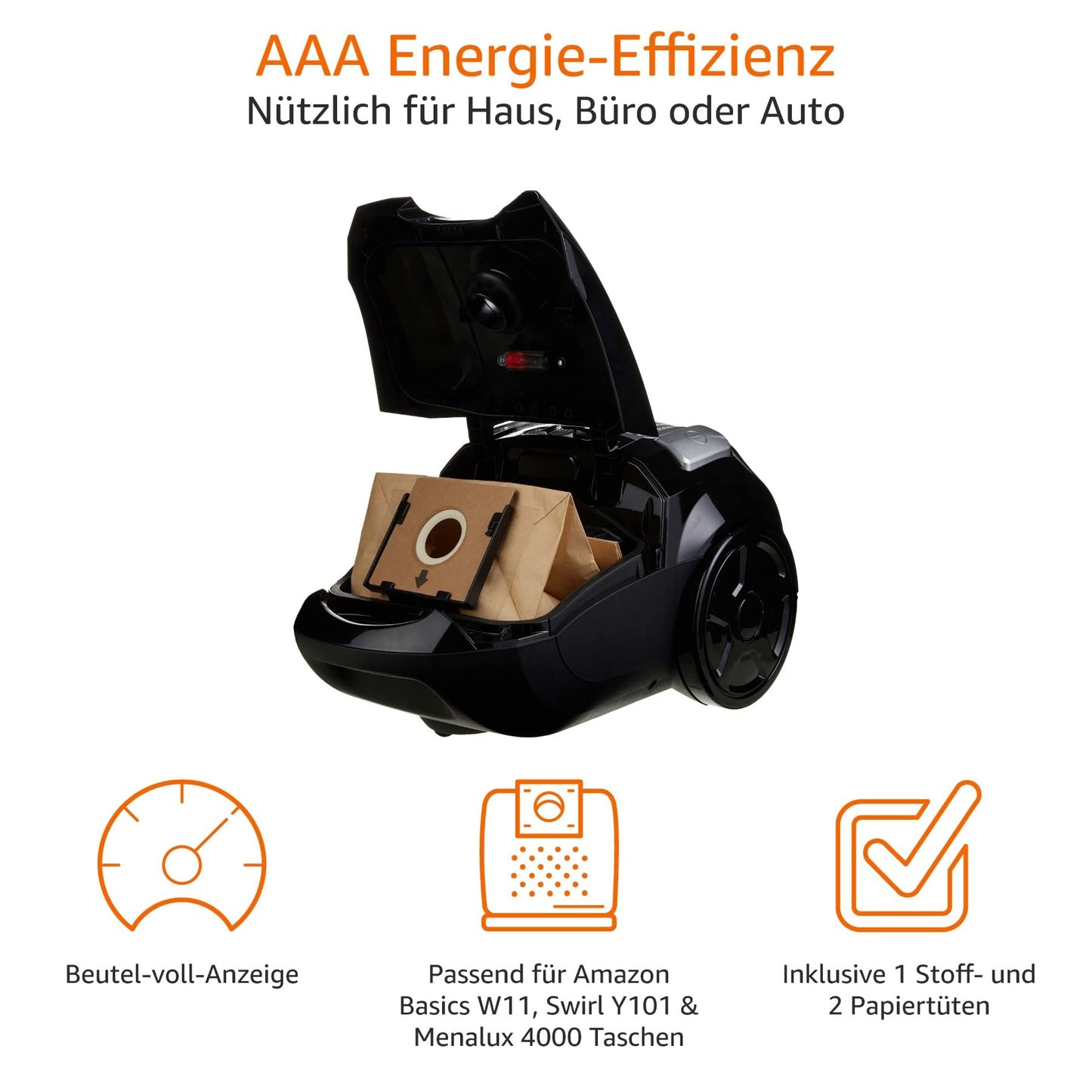 Amazon Basics Vacuum Cleaner with Bag, Powerful, Hard Floors and Carpets, HEPA Filter, with Speed Control, 700W, 3.0L, EU, Black - 12M-71EU4
