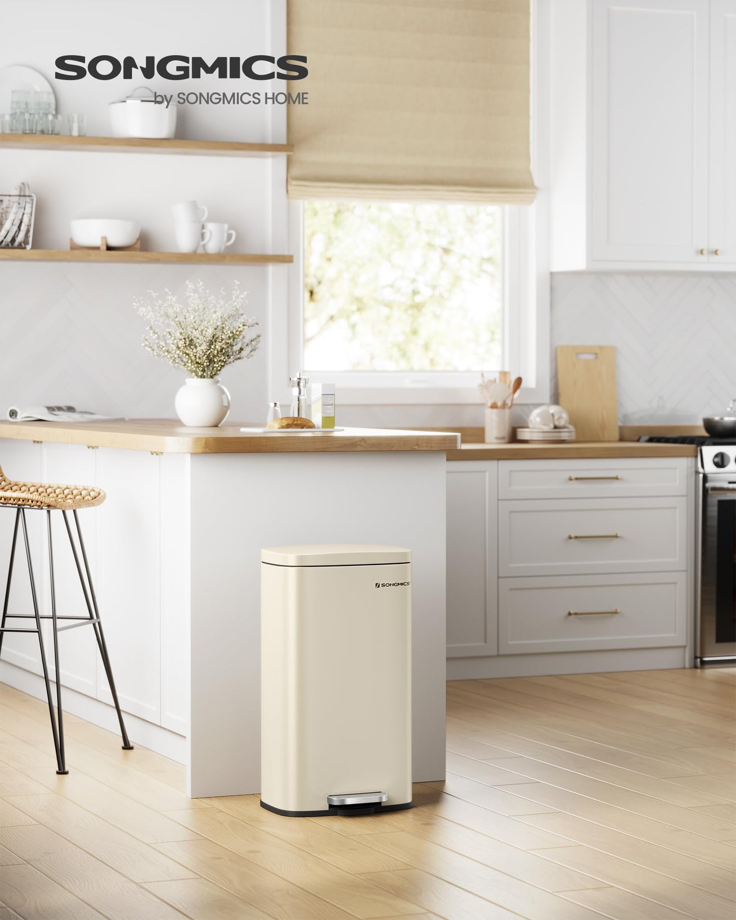 SONGMICS kitchen rubbish bin, 30 liters, waste bin, pedal bin, with lid, soft close, foot pedal, steel, inner bin, sand beige LTB03A02
