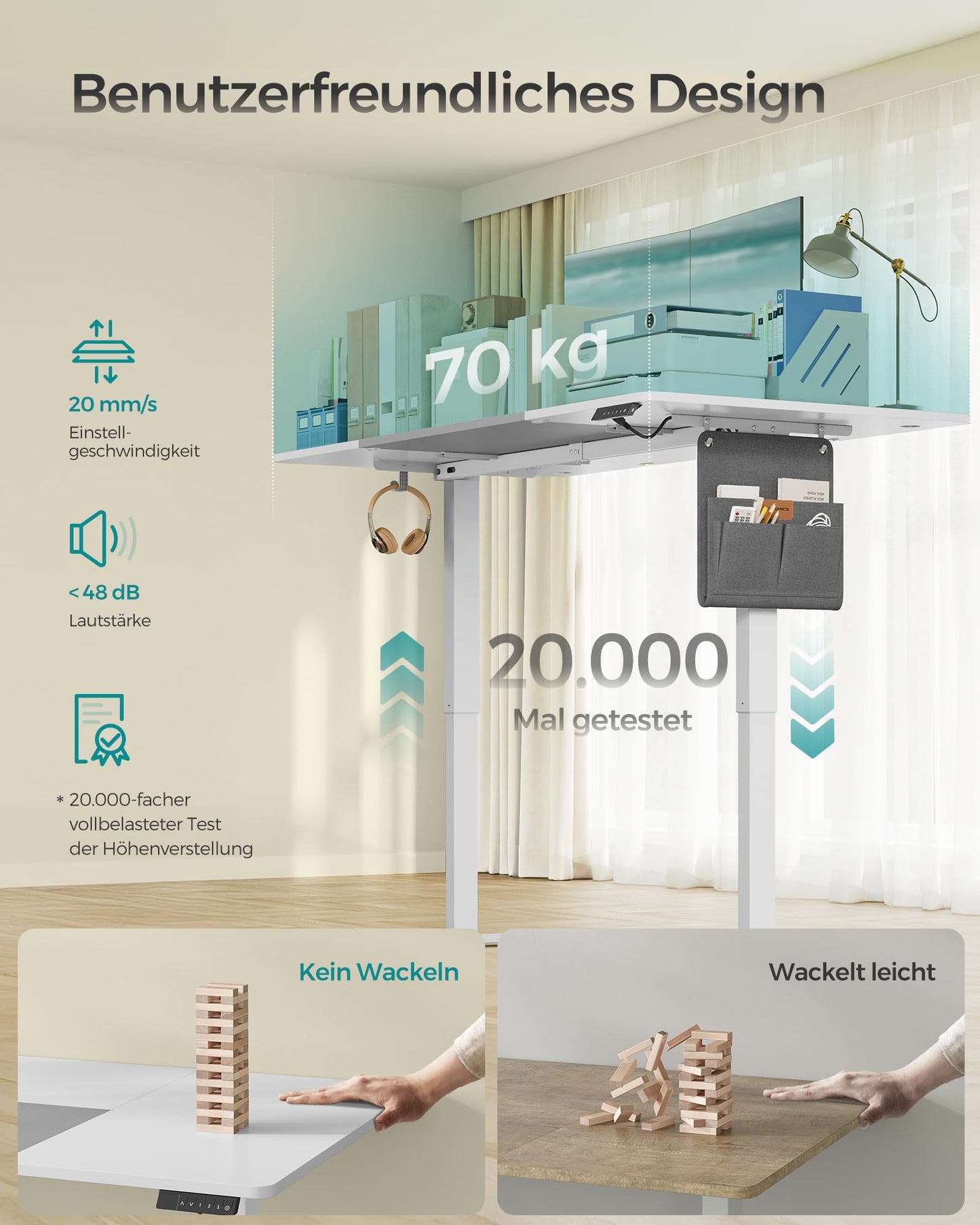SONGMICS Electric height-adjustable desk, 160 x 70 cm, continuously adjustable, memory function with 4 heights, cloud white-dove gray LSD026W02