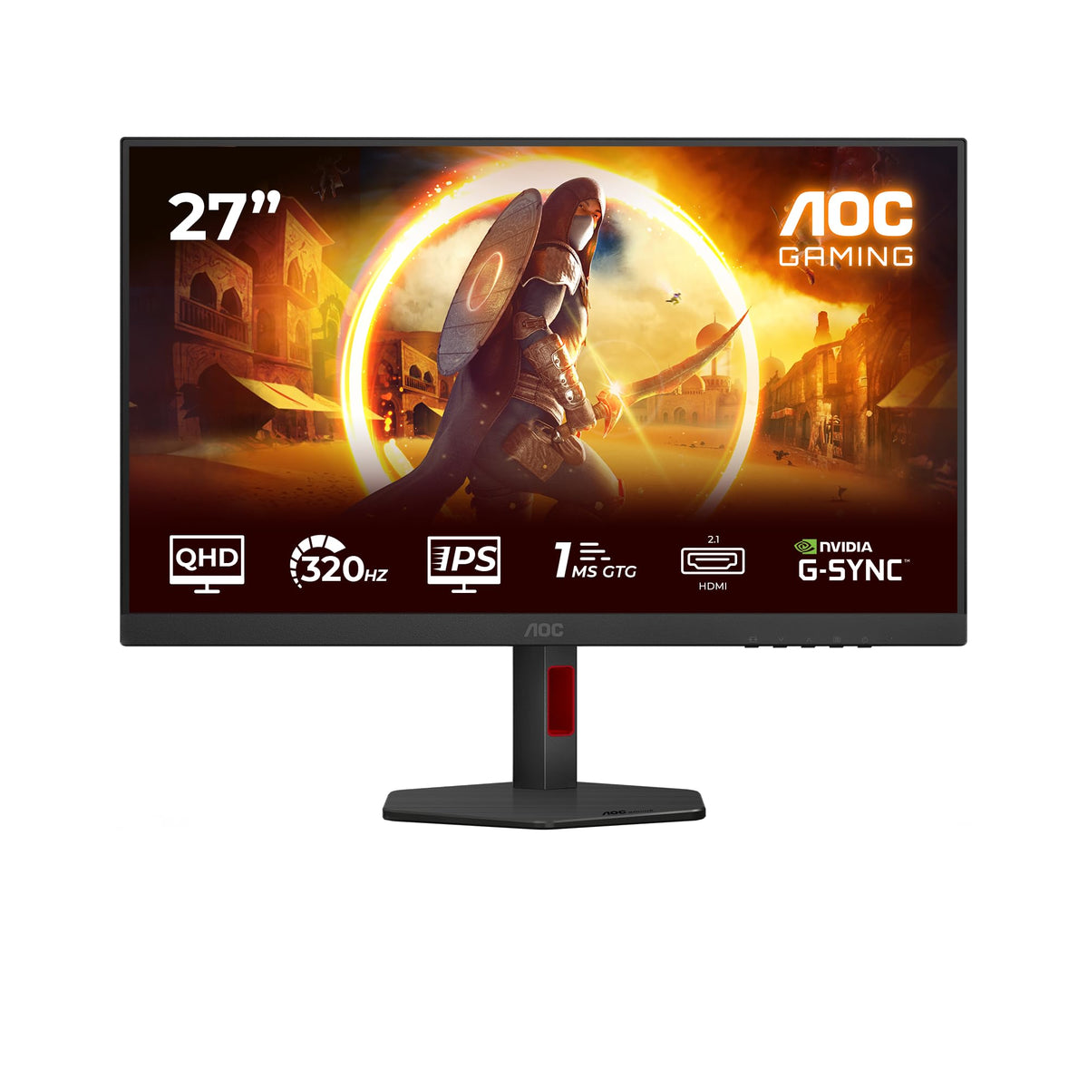 AOC Q27G4SRU Monitor de gaming de 27 inch WQHD cu hub USB, 320Hz, panou Fast IPS, 1ms GtG, HDR400, compatibil G-Sync, ajustare pe înălțime, difuzoare, (2560x1440 HDMI 2X 2.1 DP 1x 1.4) negru