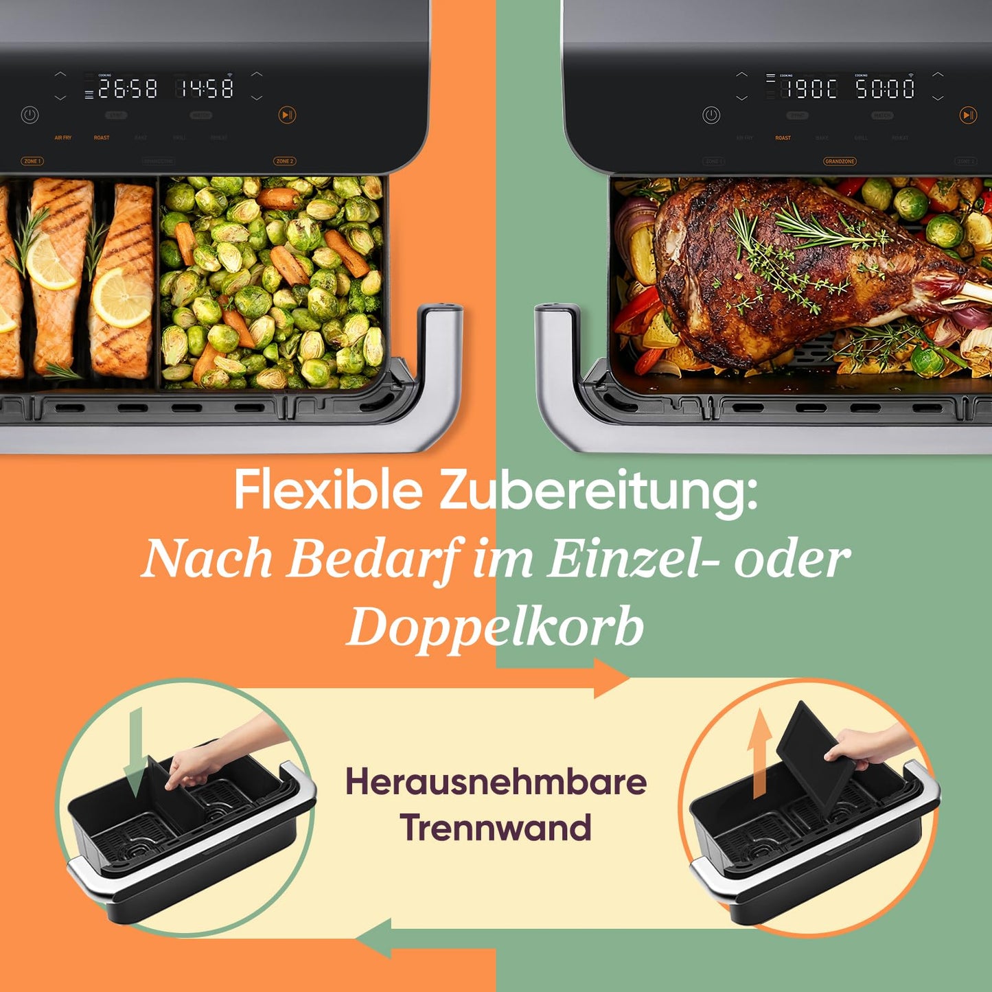 COSORI hot air fryer 2 chambers, Dual Blaze TwinFry 10L Airfryer, with 4 heating tubes and flexible chambers, even heat distribution, temperature up to 240 degrees C, black, TF102S
