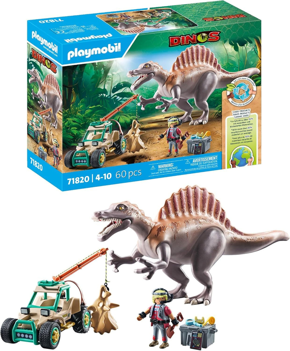 PLAYMOBIL | Dinosaurs | Spinosaurus Attack on Dino Excavation | Dinosaur Playset | action toy | Adventure toys for children aged 4 and up | 71820