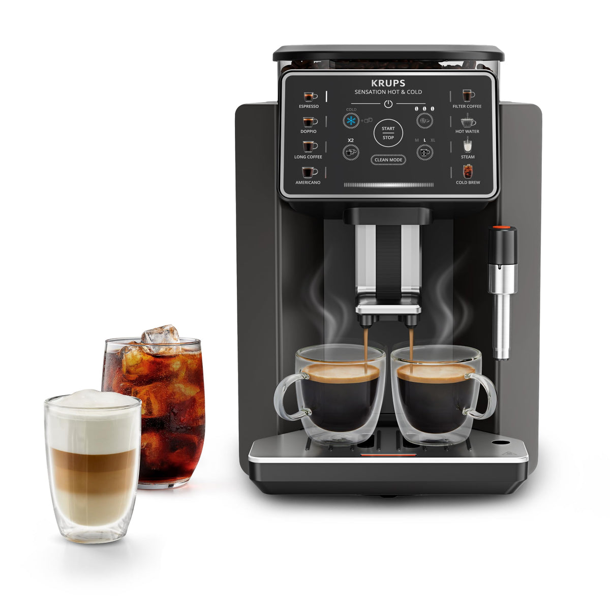 KRUPS Sensation Hot & Cold Coffee Machine, 12 recipes, intuitive operation, complete customization, steam nozzle, cold brew aroma technology, automatic cleaning, dark gray, EA913HE0