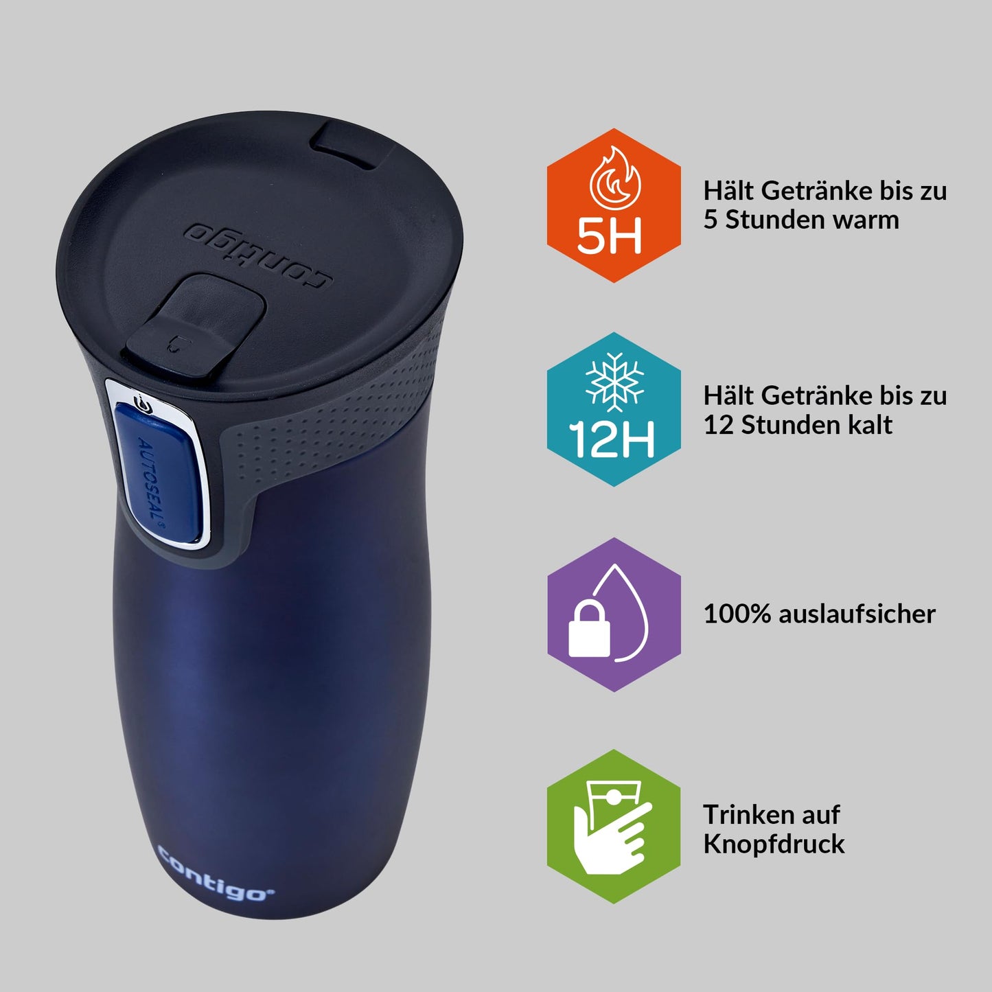 Contigo thermo mug West Loop Autoseal, stainless steel insulated mug, travel mug, coffee mug to go, leak-proof, 100% leak-proof, keeps hot for up to 5 hours/cold for 12 hours, 470 ml, BPA free, Monaco - 2095799