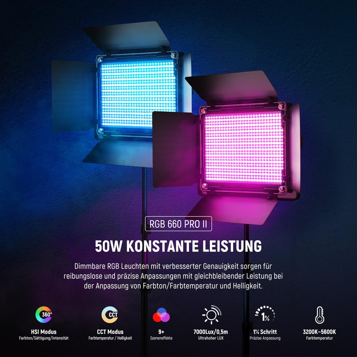 NEEWER 2X Improved 660 PRO II 50W RGB LED Video Light Panel Set Tripod Stand with App Control Video Light 360° Full Color Video Photo Light/CRI97+/3200K~5600K Studio Continuous Light Photography Film - RGB660
