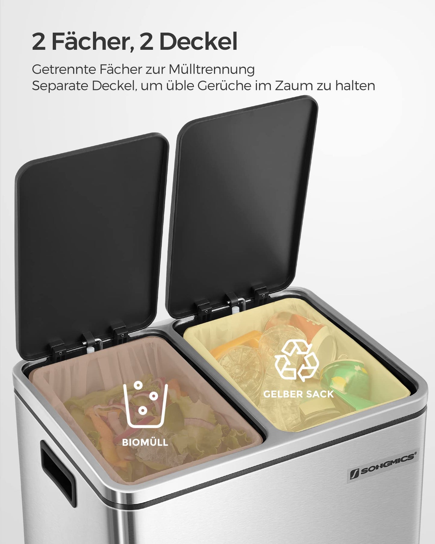 SONGMICS kitchen trash can, 2 x 15 liters, waste separation system 2 compartments, including 15 trash bags, trash can, pedal bin, recyclable waste, organic waste, soft close lid, metallic silver-ink black LTB30H
