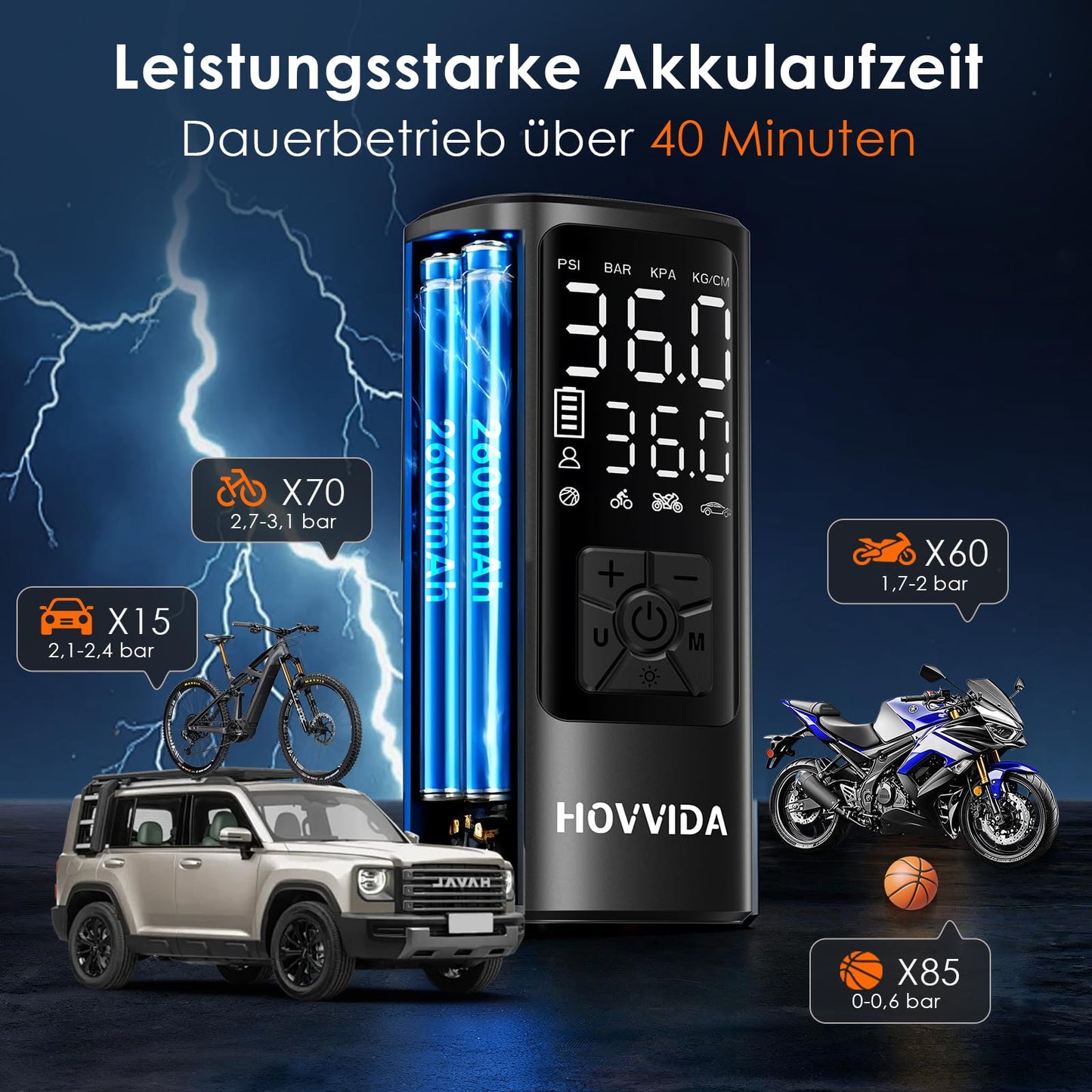 HOVVIDA electric air pump, electric bicycle pump, battery compressor - AM21J2