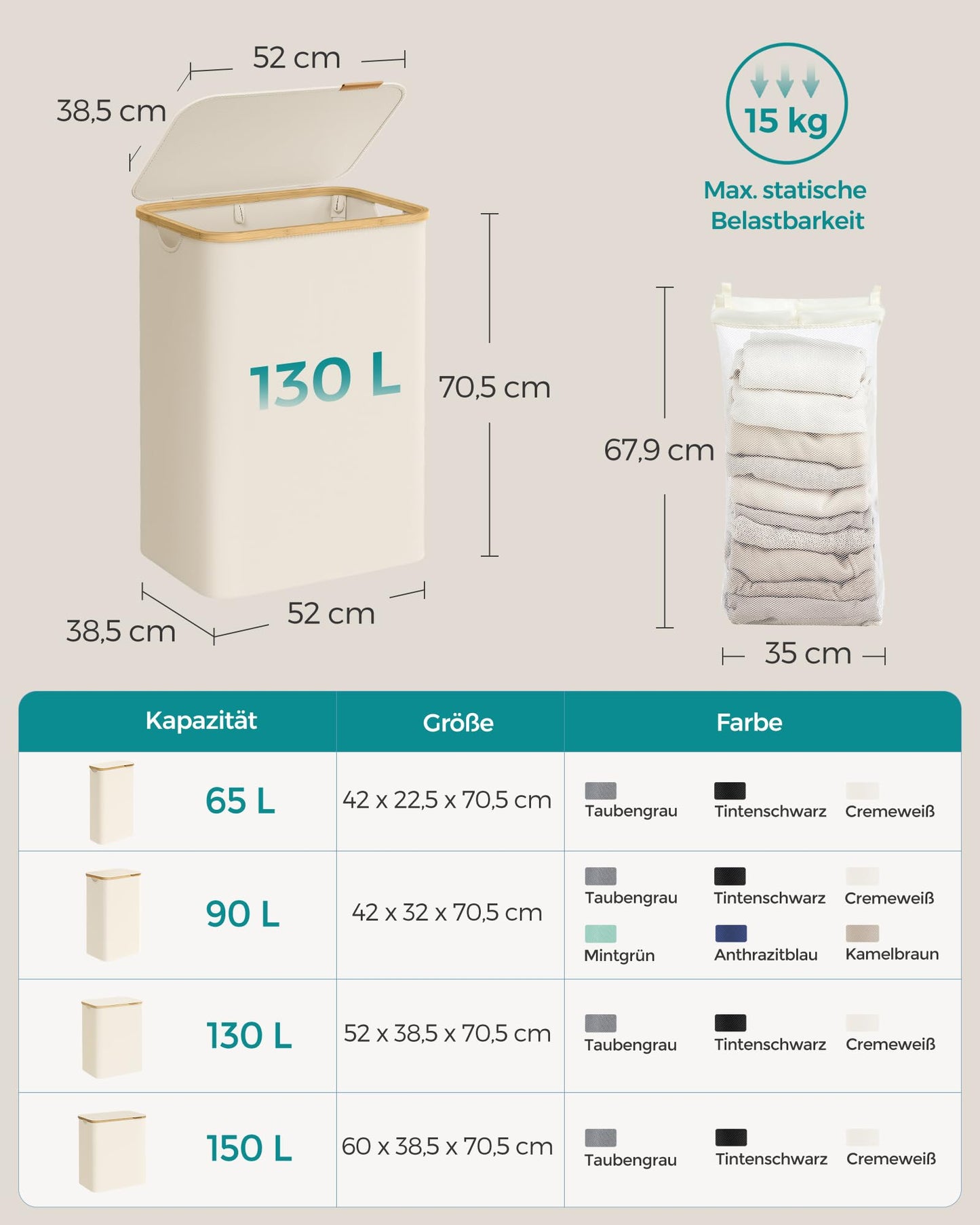 SONGMICS Laundry Basket with Lid, Laundry Hamper with 2 Compartments, 130L, Removable Laundry Bag, Oxford Fabric, Bamboo Handles, Foldable, 52 x 38.5 x 70.5 cm, Cream White LCB513W01 - LCB513W01V1