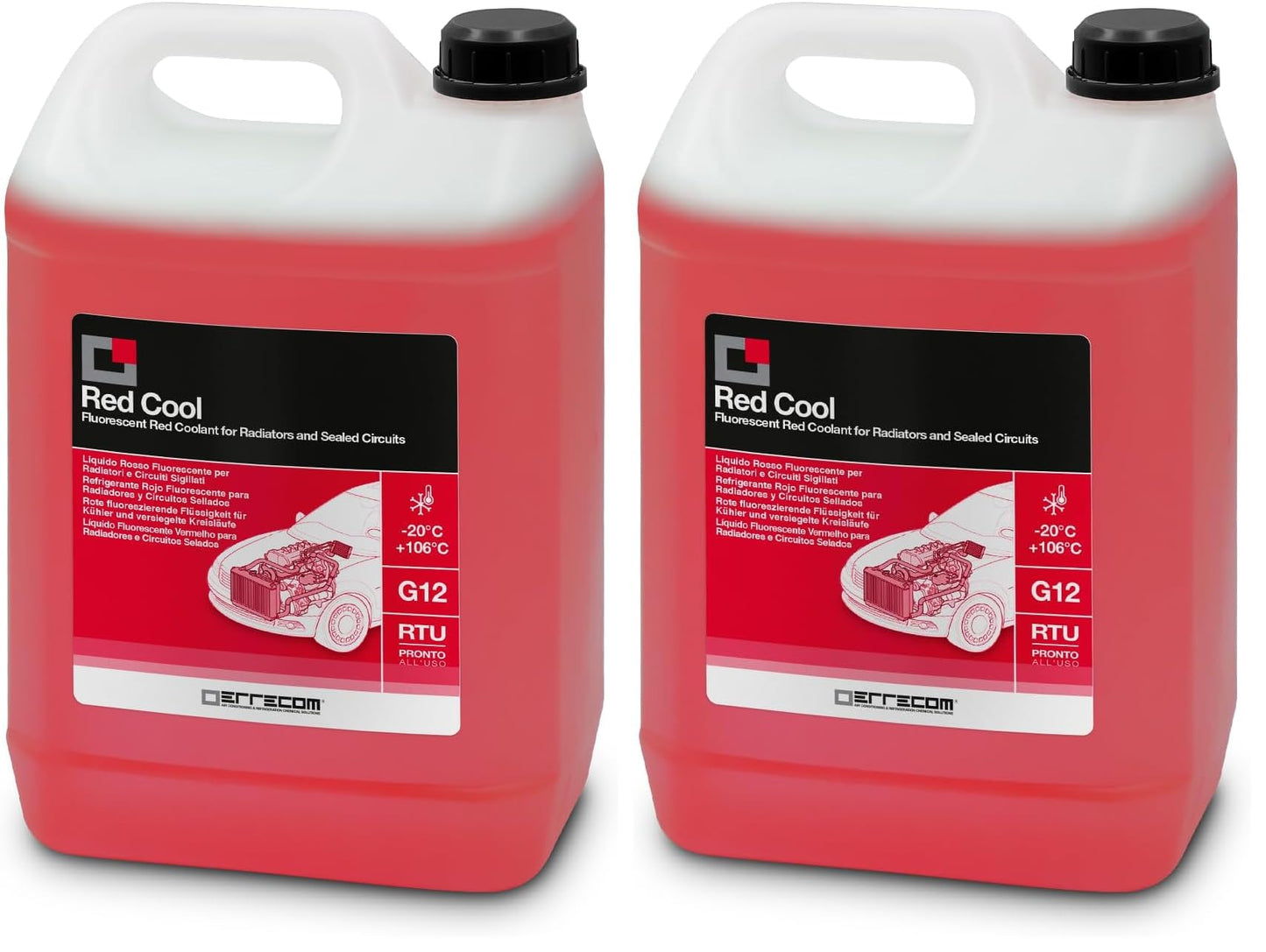 ERRECOM Red Cool, Red Fluorescent Radiator Fluid -20°C, G12 Antifreeze with Organic Based Oat Inhibitor Package, Ready to Use, 5 Liters (Pack of 2) - TR1270.P.01.EC