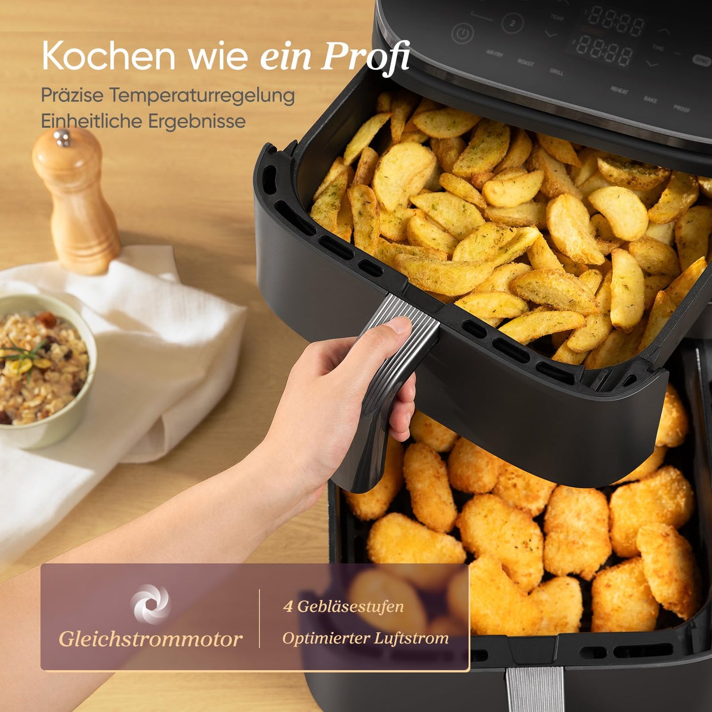 COSORI Airfryer, hot air fryer 2 chambers, 10.8 L hot air fryer, innovative multiple air speed, saves 41 percent space, includes recipe book and stainless steel grate, silver gray - CAF-ADE-airfryer