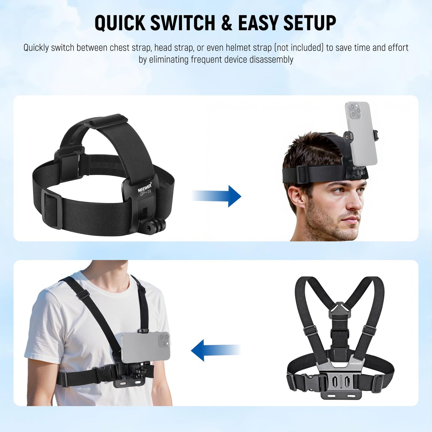 NEEWER Mobile Phone Chest Mount Head Strap Mount, Quick Release POV Vlog Accessory Set for Video Recording, Compatible with iPhone GoPro Hero Insta360 DJI AKASO Action Camera, GP-74