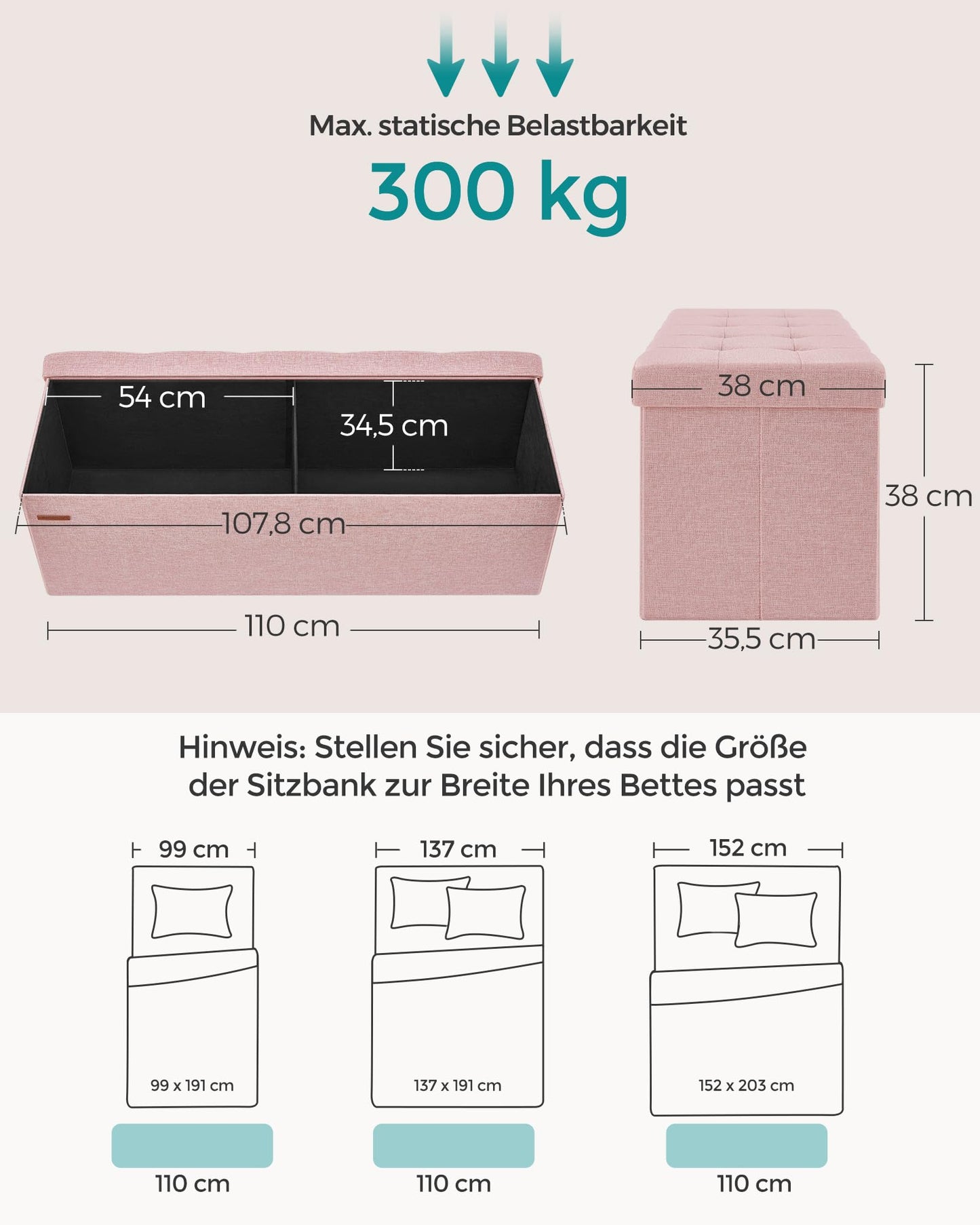 SONGMICS Stool with storage space, folding bench, 38 x 110 x 38 cm footstool, storage box, load capacity up to 300 kg, for living room, bedroom, hallway, pastel pink LSF077R11 - 6955880314393