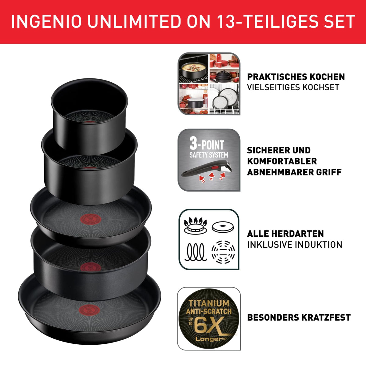 Tefal Ingenio Unlimited - Set de oale și tigăi de 13 piese cu mânere detașabile, stivuite, economisind spațiu, tigăi pentru inducție cu strat antiaderent, ușor de utilizat și curățat, L39593