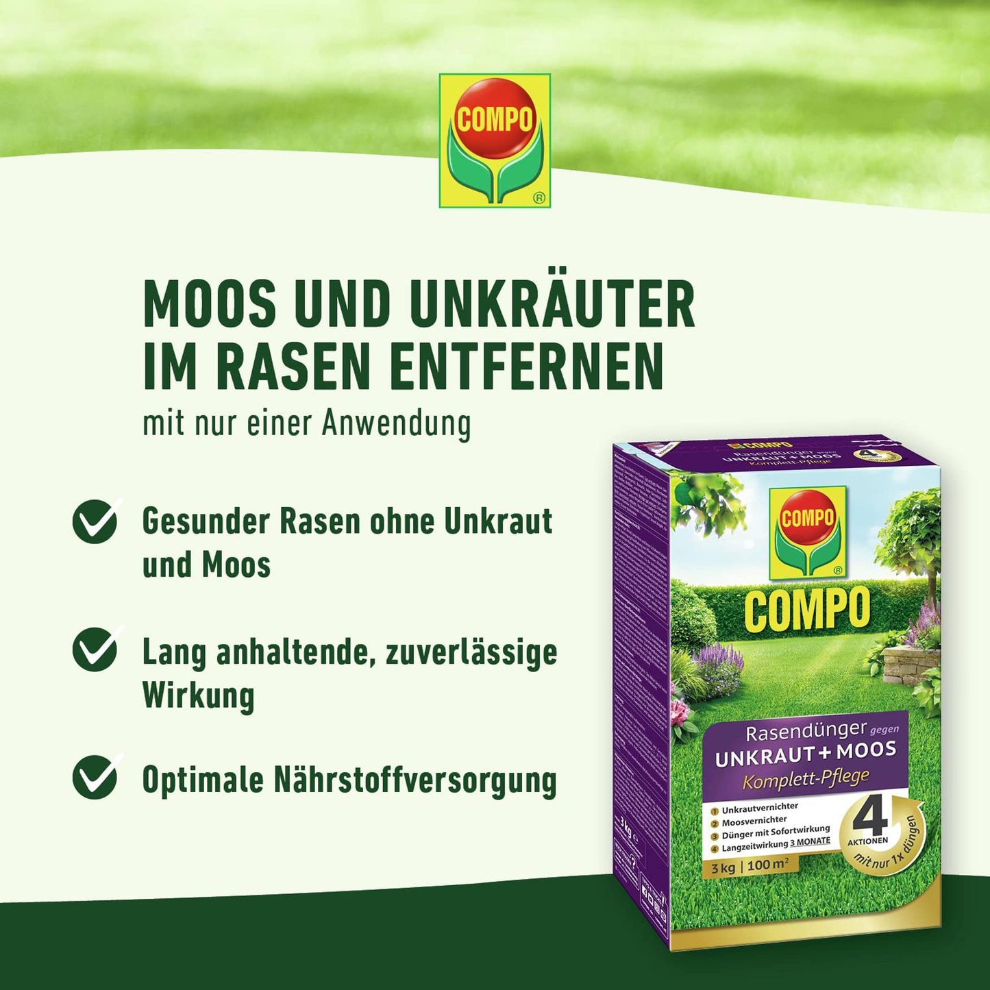 COMPO lawn fertilizer against weeds and moss complete care lawn fertilizer with weed killer, moss killer, 3 months long-term effect 9 kg, for 300m² - 26173