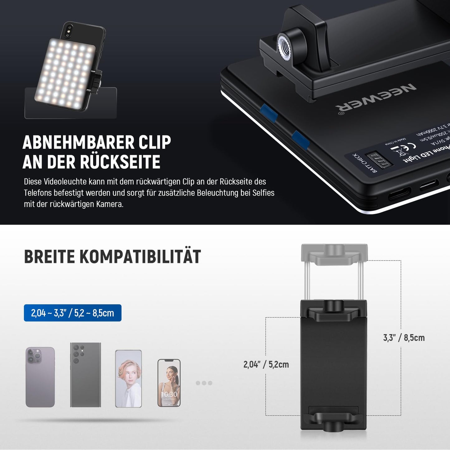 NEEWER Basics Clip on LED Selfie Light Compatible with iPhone, 2000mAh Rechargeable, Phone Clip Holder & Cleaning Cloth, Webcam Laptop Zoom Conference Makeup Fill Video Light, NL-60AI