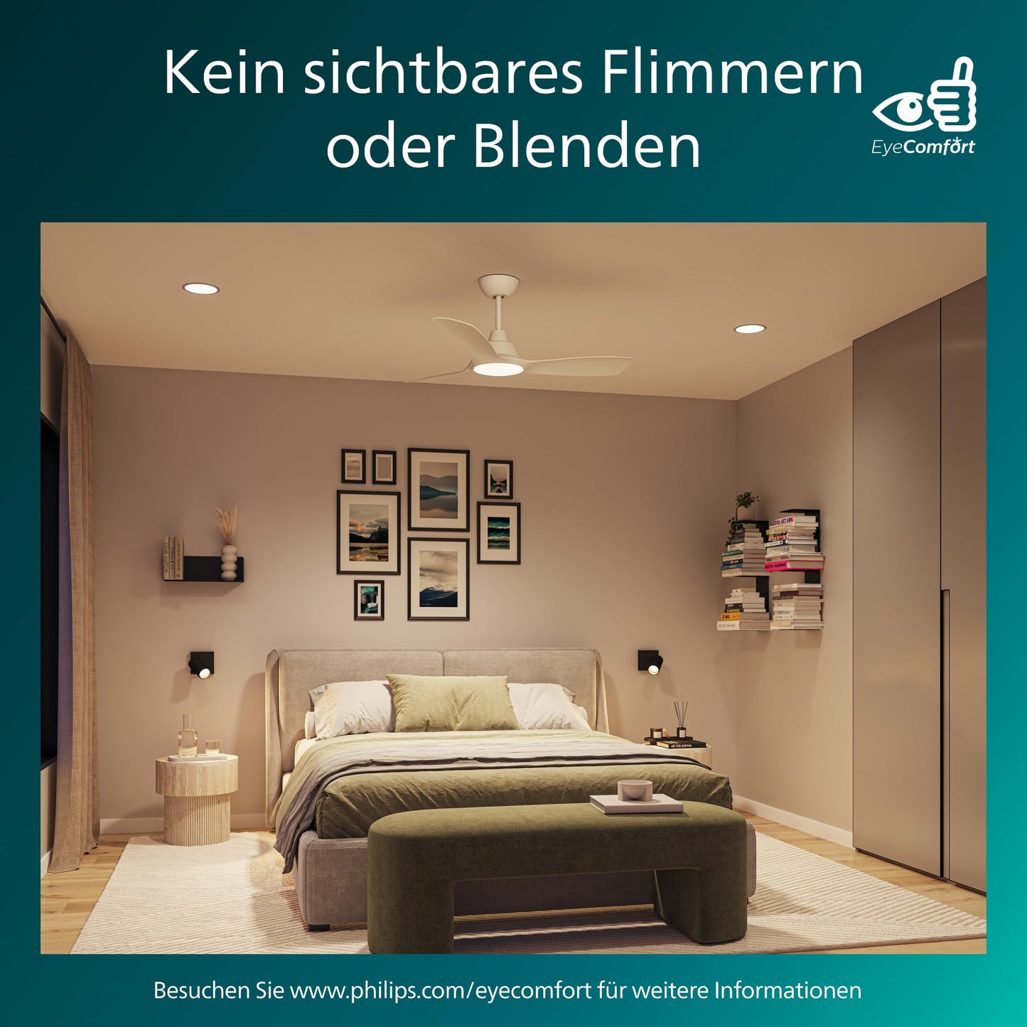 PHILIPS Fixed Blade Ceiling Fan, 3 Blades, Large (52"), 28W LED Light, DC Motor, Color Temperature Range (3000K, 4300K, 6500K) with Dimming Function, Remote Control Included - 929004689111