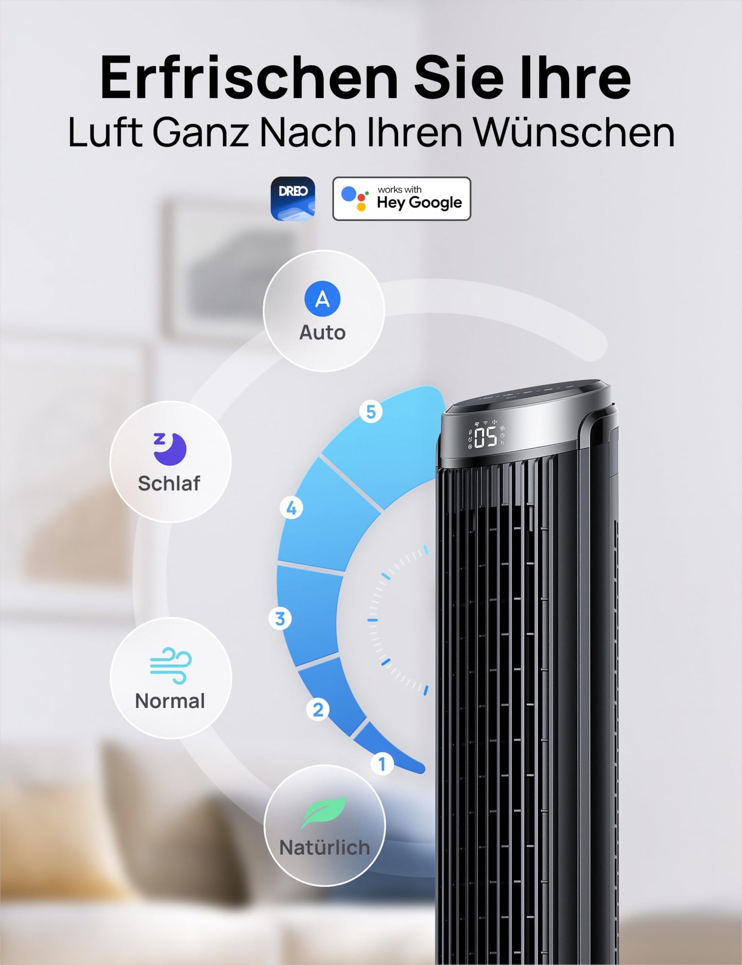 DREO Smart Tower Fan  7.9 m/s Speed, 5 Levels, 4 Modes, Touch/Remote Control/App & Voice Control, Alexa, 12H Timer, Silver - DR-HTF008S