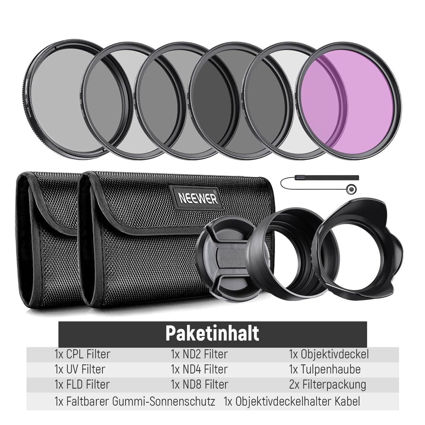 NEEWER 82mm lens filter set: UV, CPL, FLD, ND2, ND4, ND8, lens hood and lens cap compatible with Canon Nikon Sony Panasonic DSLR cameras with 82mm lens - 10101718