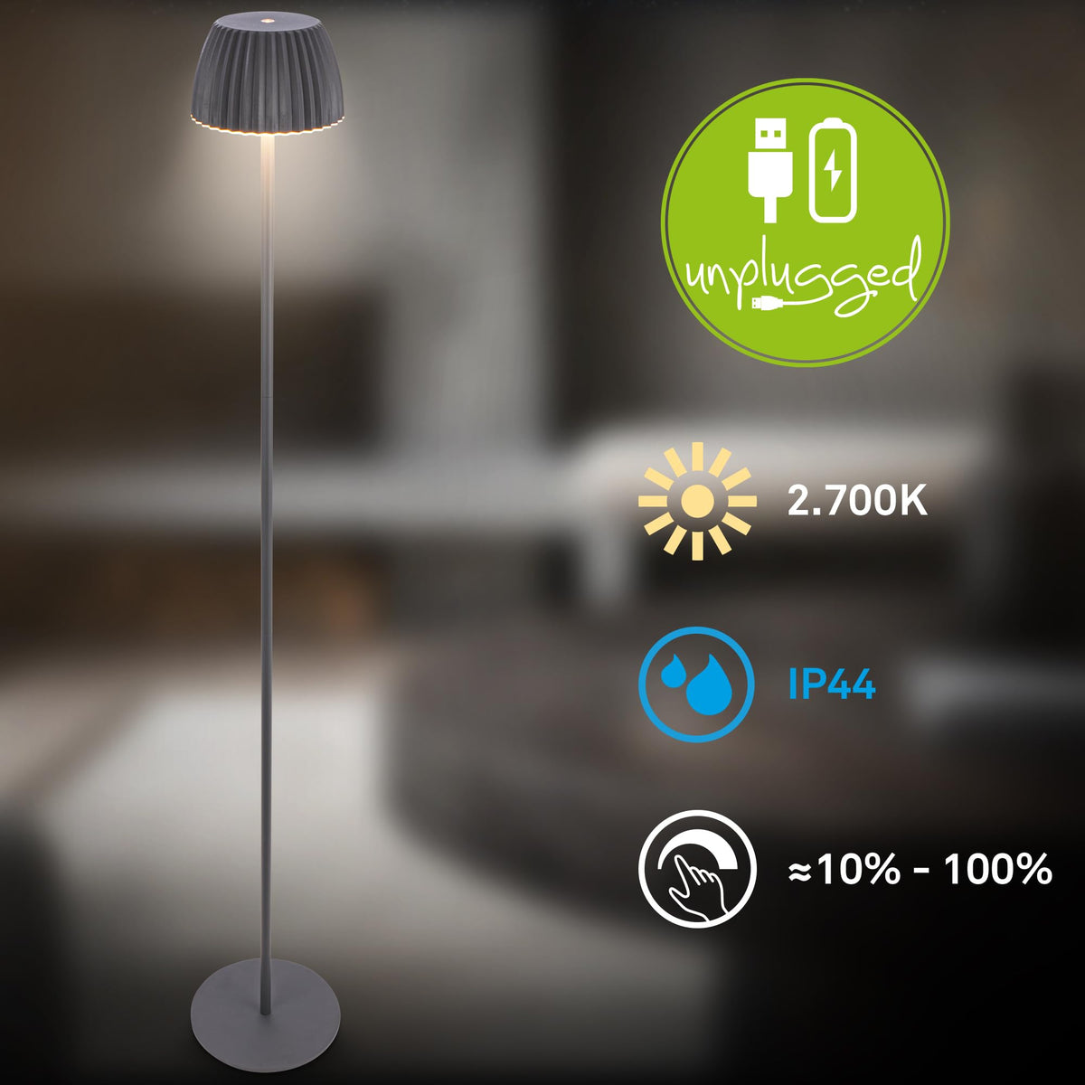 BRILONER - Riffle LED Floor Lamp Wireless IP44 with Touch, Dimmable, Memory Function, Replaceable Battery, Floor Reading Lamp, Living Room Lamp, German Design Award Winner 2025, 19x124 cm, Anthracite - 1238015