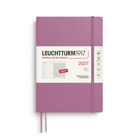 LEUCHTTURM1917 Weekly Calendar 2027 Medium (A5) with Notebook, Lined - English Appointment Planner, Dusty Rose, Softcover, 145 x 210 mm, January-December 2027, Weekly Overview on the Left + Notes Page on the Right - 400233