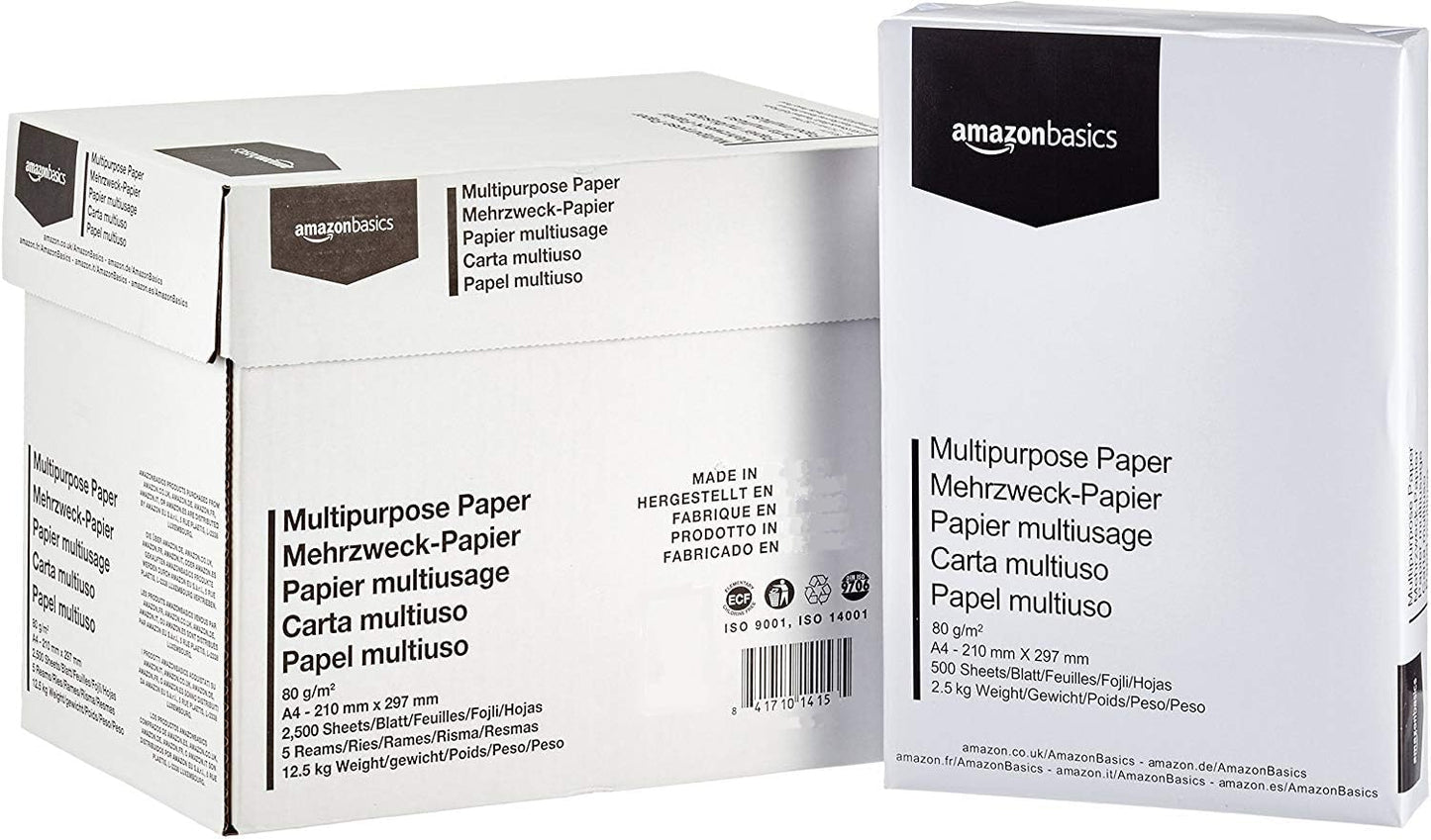 Amazon Basics Printer Paper A4 80gsm Pack of 2500 5 Packs of 500 White - MTPR-2500