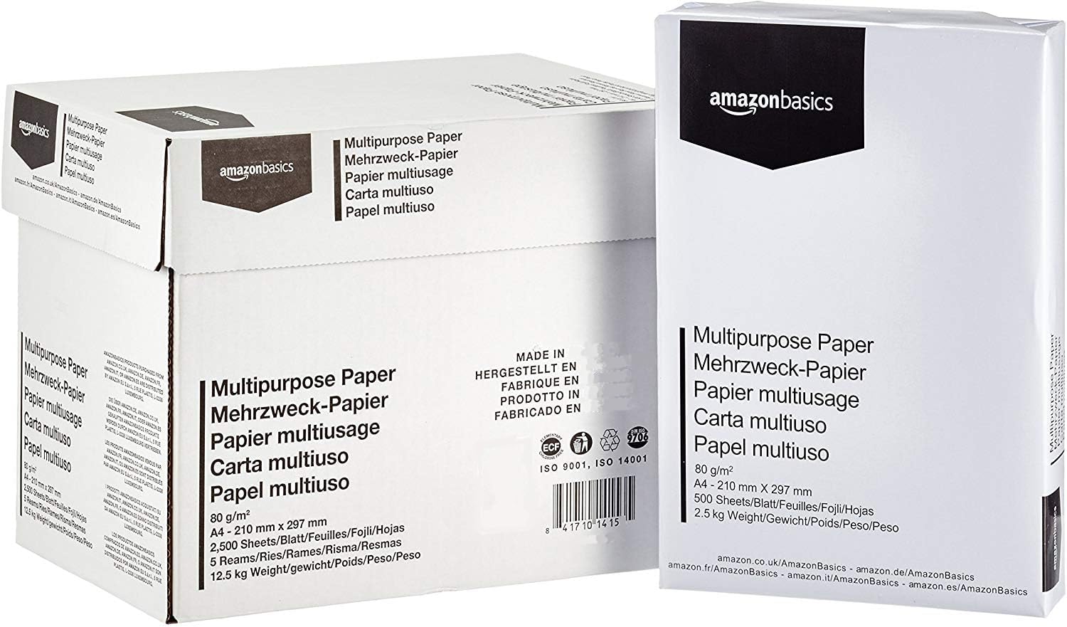 Amazon Basics Printer Paper A4 80gsm Pack of 2500 5 Packs of 500 White - MTPR-2500