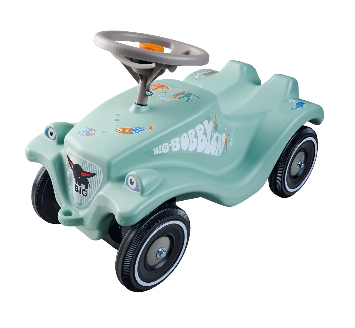 Big Bobby Car Classic Green Sea - Ride-on car for children from 1 year old in a colorful sea design with a gray safety steering wheel and horn, suitable for kids aged 1-5 years (up to 50 kg), sage green with stickers. - 800056141