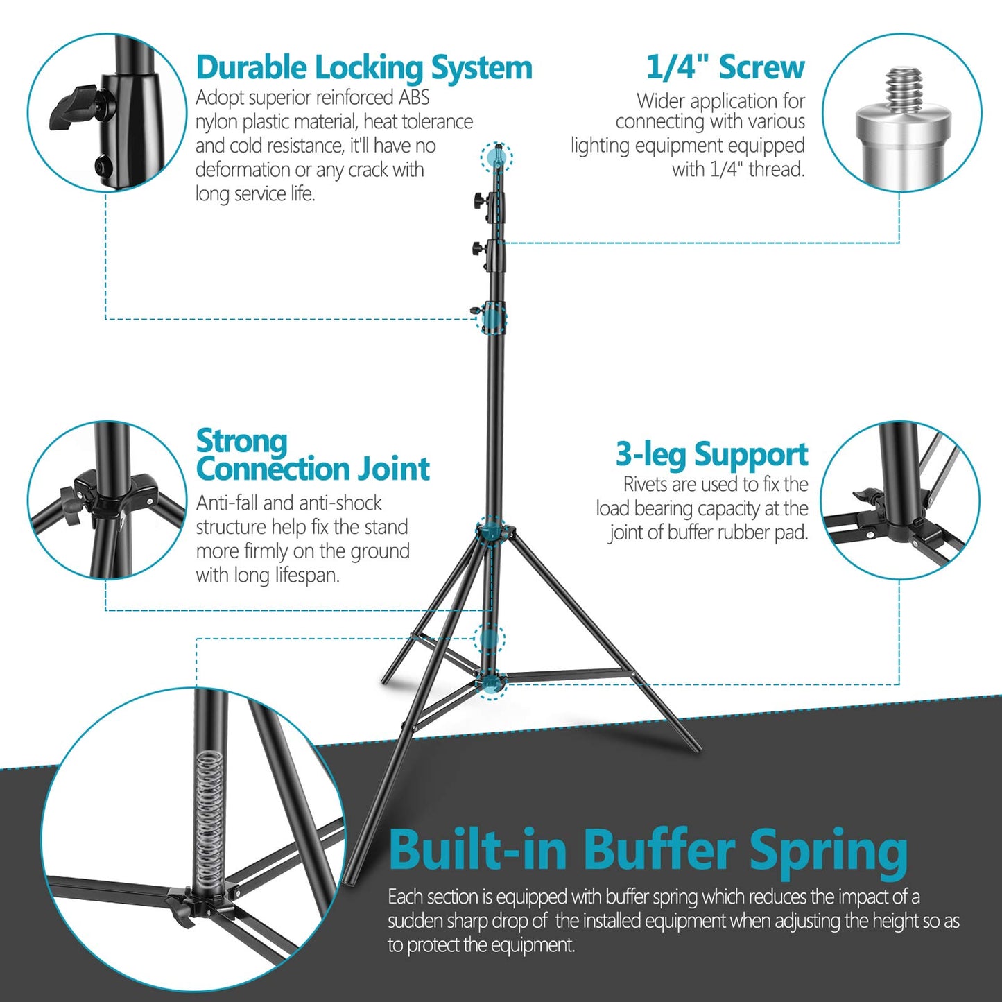 NEEWER Heavy Duty Light Stand Metal 13ft/4m Adjustable Photography Tripod with Built-in Spring Cushion and 1/4" Screw for Studio LED Light Flash Continuous Light, Maximum Load: 22lb/10kg, Black - 400cm/1