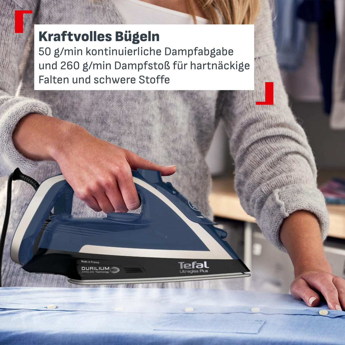 Tefal Ultragliss Plus Anti-Calc Steam Iron, 2800 Watts, removable calc collector, 50 g/min steam output, 260 g/min steam boost, automatic shut-off, Made in France, blue/white, FV6846 - FV6846E1