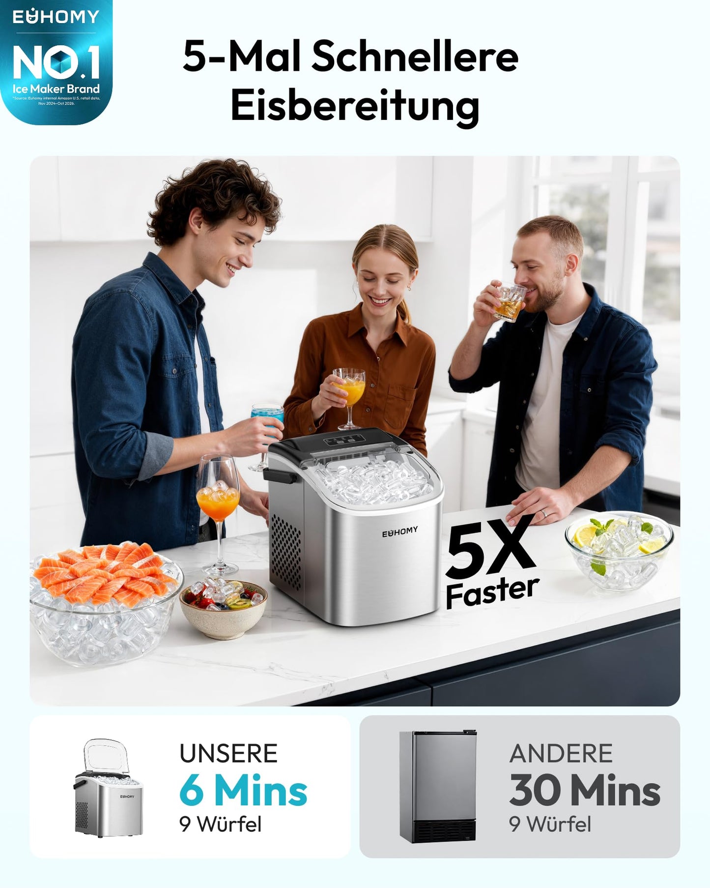 EUHOMY Ice Cube Machine Small, 9 Ice Cubes in 6 Minutes, 12 kg/24H, Ice Cube Machine Stainless Steel with Portable Handle, Self-Cleaning Compact Ice Cube Machine for Home/Kitchen/Office/Bar - B0CTMH479C