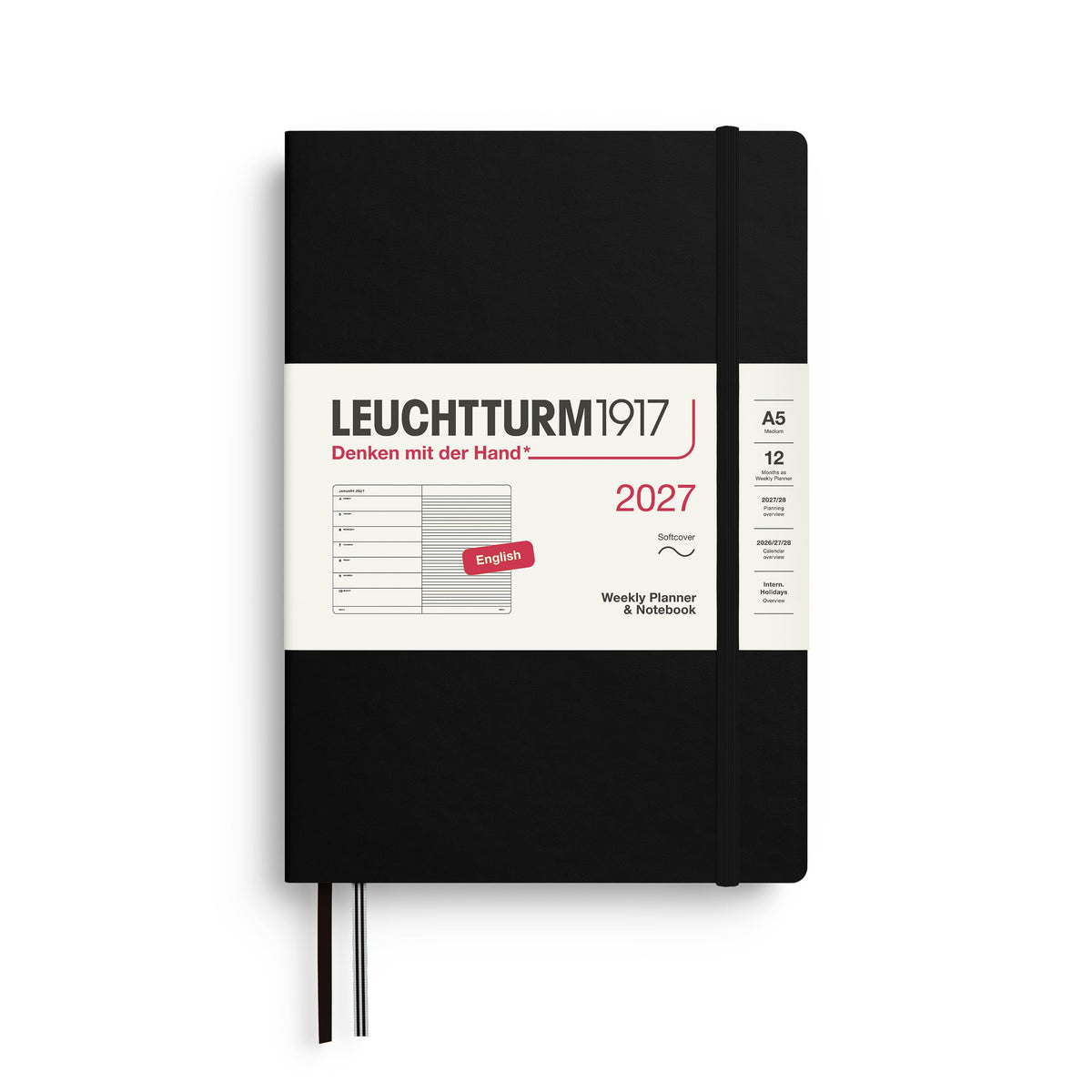 LEUCHTTURM1917 calendar săptămânal 2027 mediu (A5) cu caiet, cu linii - planificator de întâlniri engleză, negru, copertă moale, 145 x 210 mm, ianuarie-decembrie 2027, prezentare săptămânală în stânga + pagina de note în dreapta - 400231