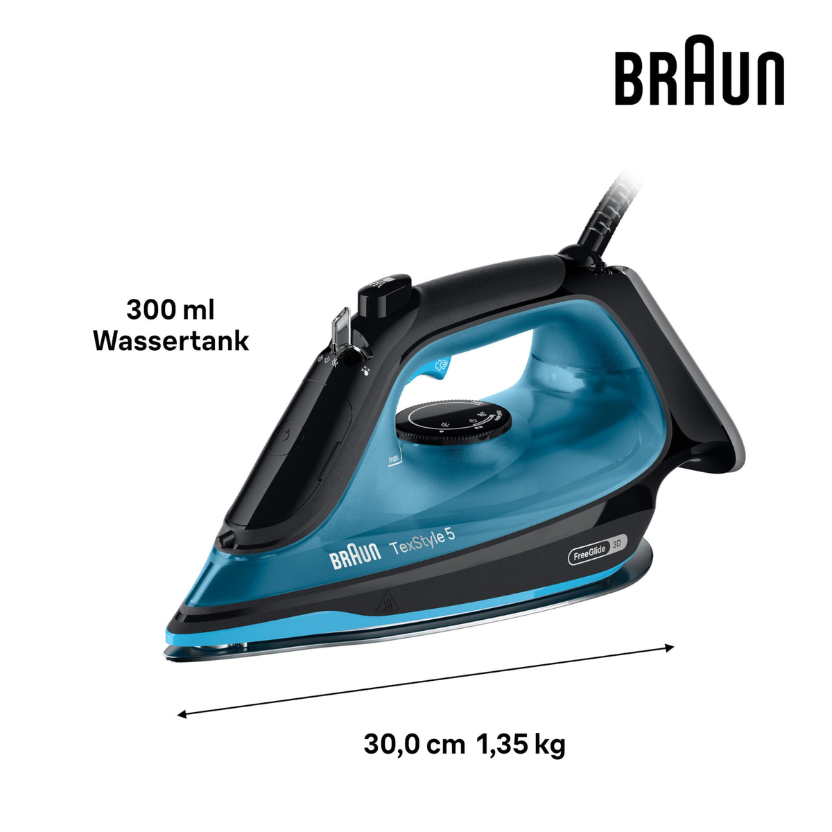 Braun TexStyle 5 SI5256 BL Steam Iron with FreeGlide 3D Soleplate, Precision Tip, Vertical Steam, Anti-Drip System, 210 g/min Steam Shot, 300ml Water Tank, 2600W, Black/Blue - SI5256BL