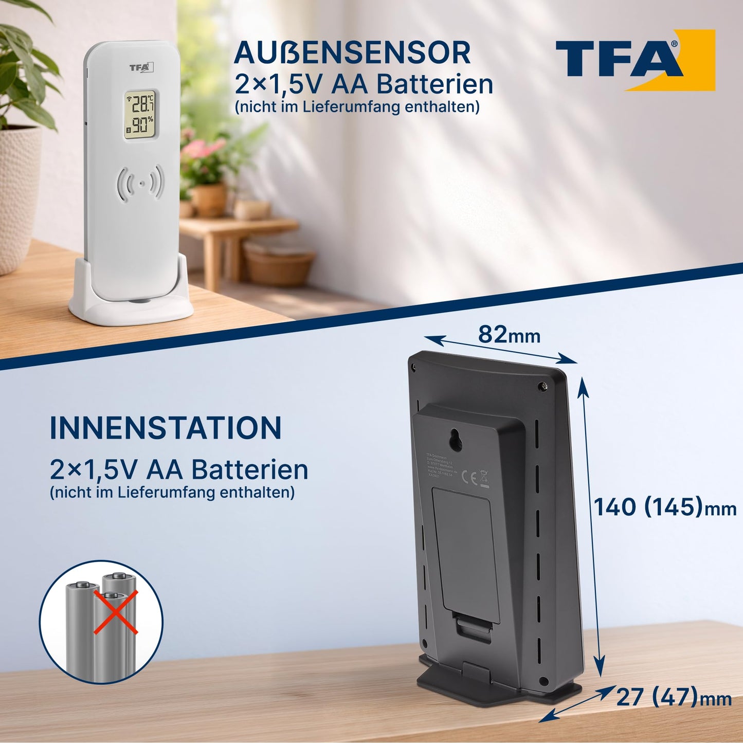 TFA Dostmann digital radio weather station with outdoor sensor, 35.1162.10, indoor and outdoor climate, with transmitter, weather forecast, including radio clock, temperature/humidity, Amazon exclusive, gray
