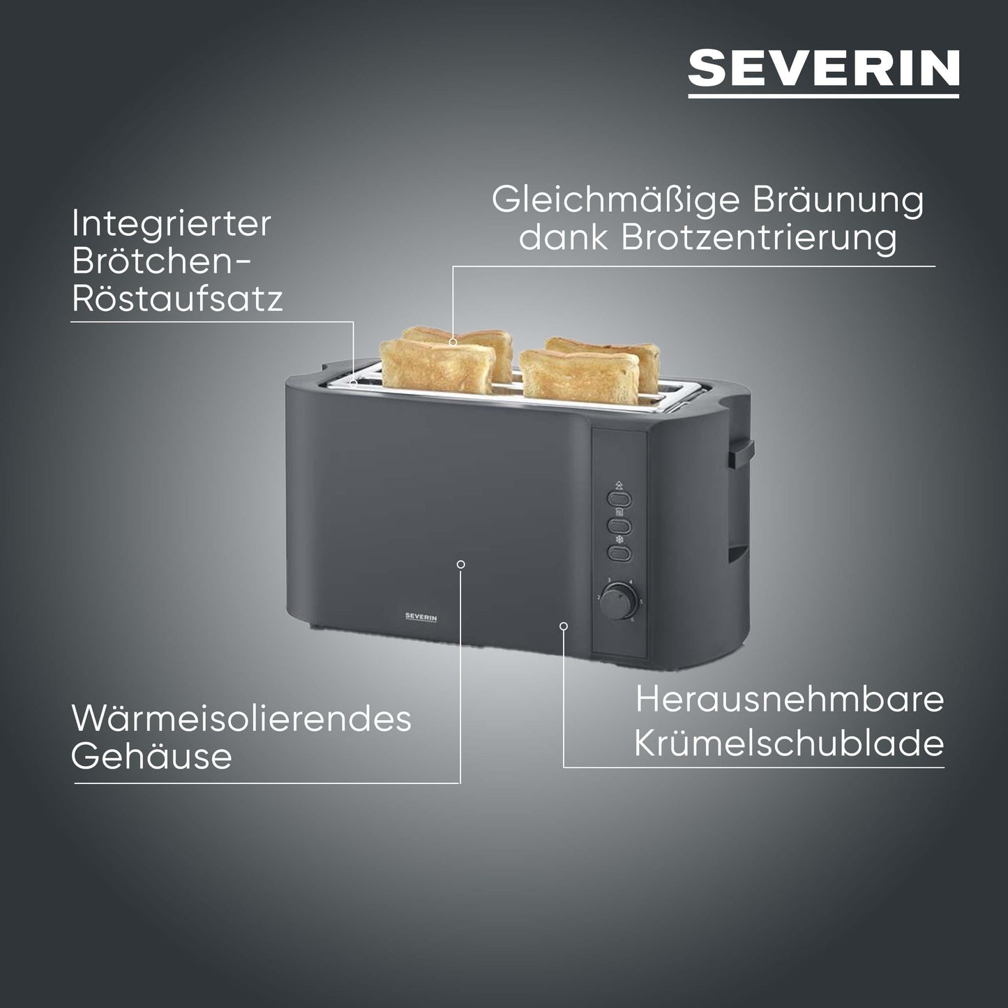 Severin toaster long slot with integrated bread roll attachment, different warm-up levels, 1,400 W, matt black