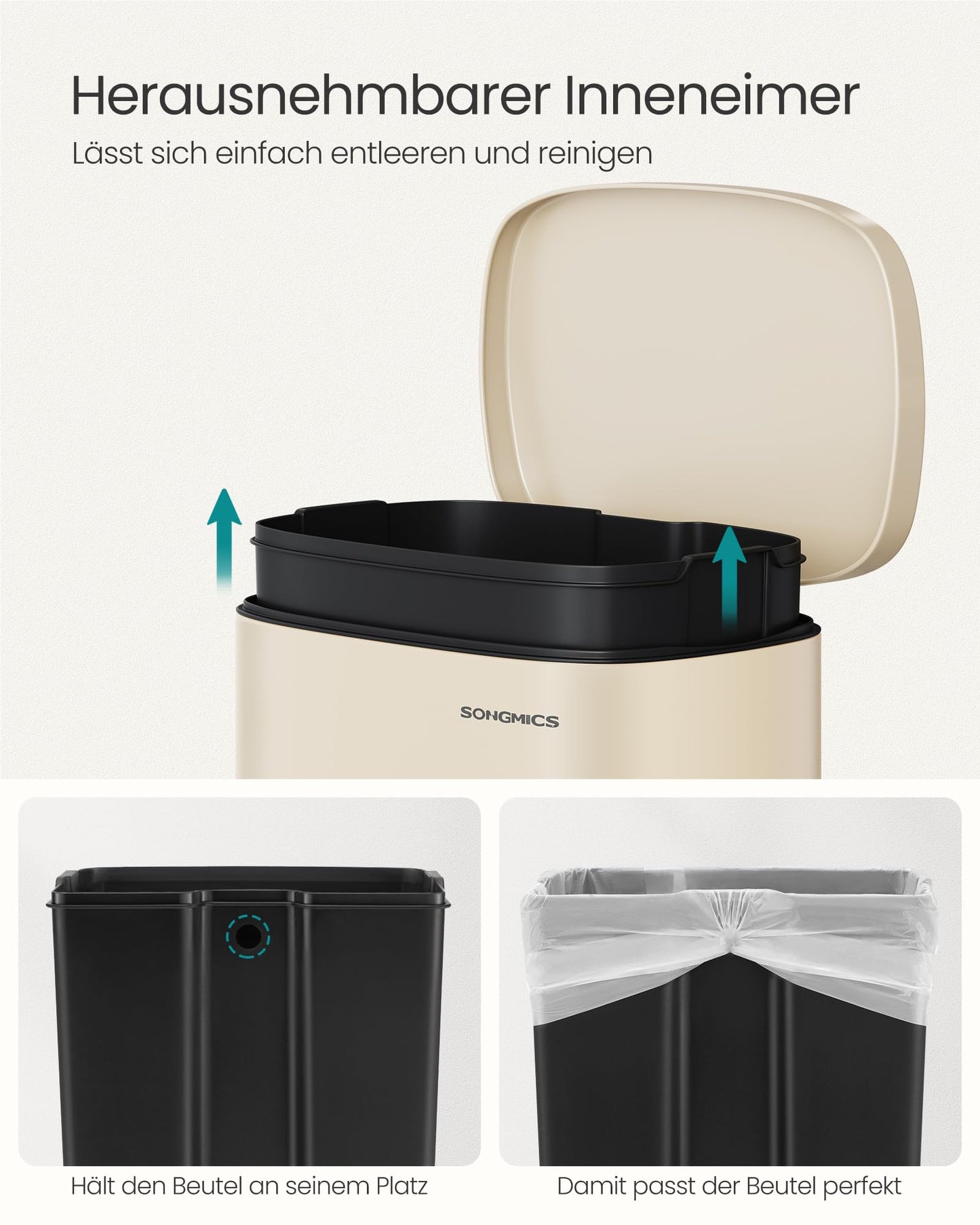 SONGMICS kitchen rubbish bin, 50 liters, waste bin, pedal bin, with lid, soft close, foot pedal, steel, inner bin, sand beige LTB050A02