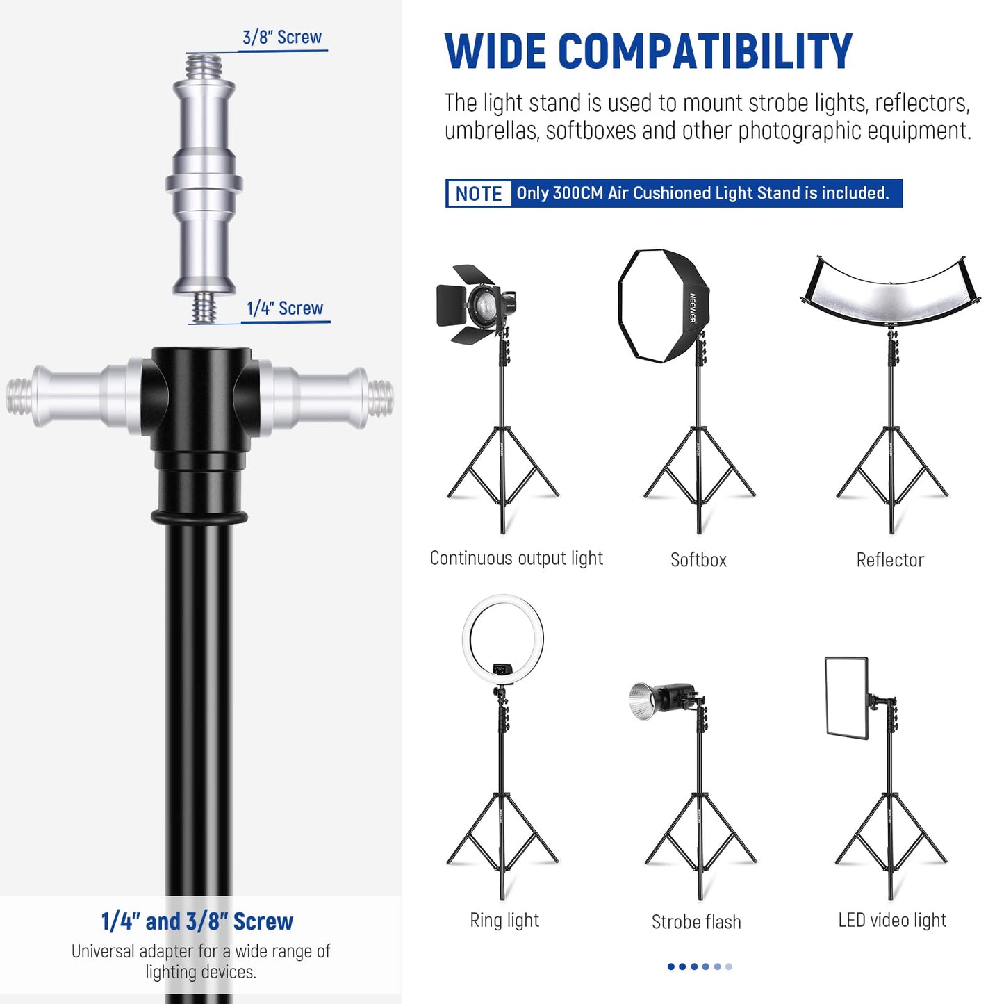 NEEWER 3m light stand, air-cushioned heavy duty metal tripod for ring light photography lamps with 1/4" to 3/8" screw adapter and 3-way interfaces, load capacity: 2.5kg, ST-300AC